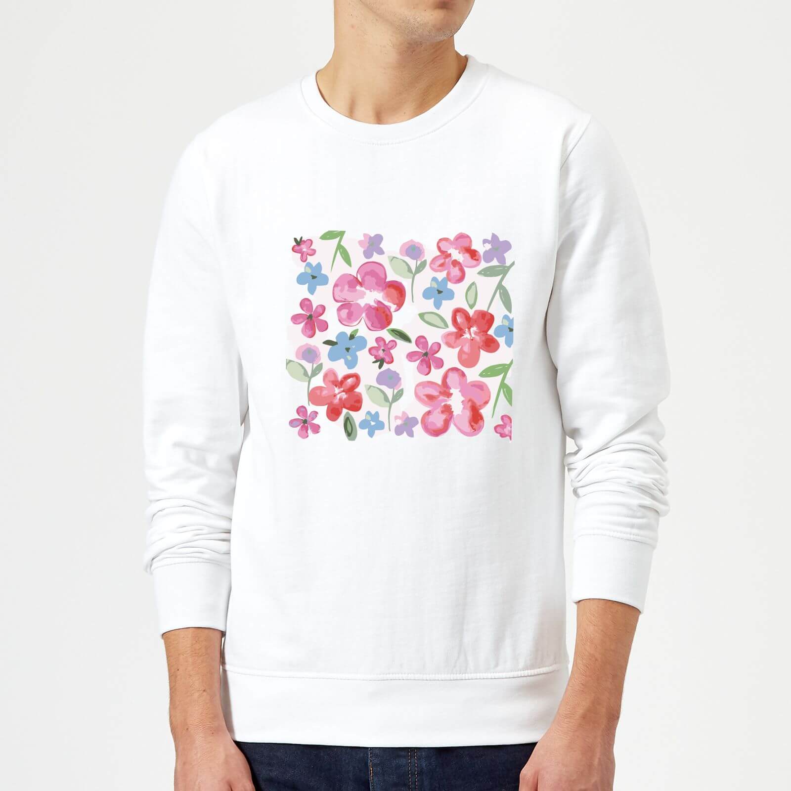 Candlelight Spring Pansy Flower Bed Sweatshirt - White - S - White