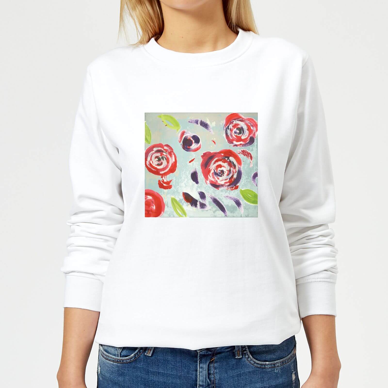 Candlelight Acrylic Painted Flowers Women's Sweatshirt - White - XS - White