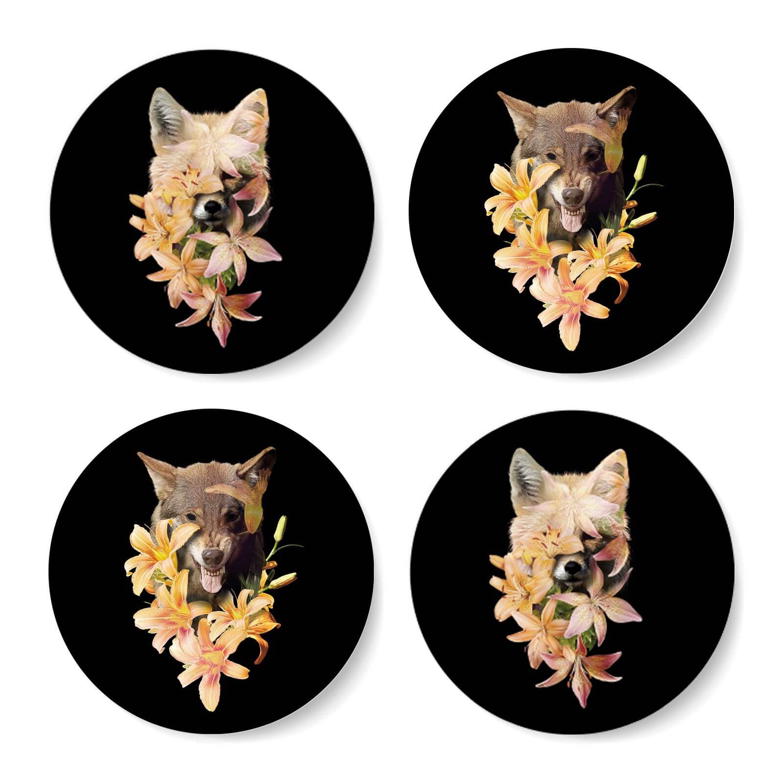 Fox And Wolf Flowers Coasters Coaster Set