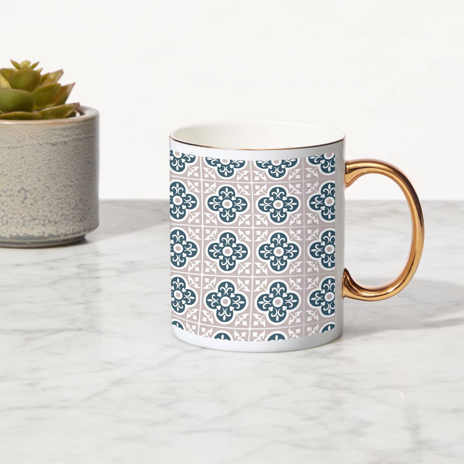 Clover Tile Bone China Gold Handle Mug