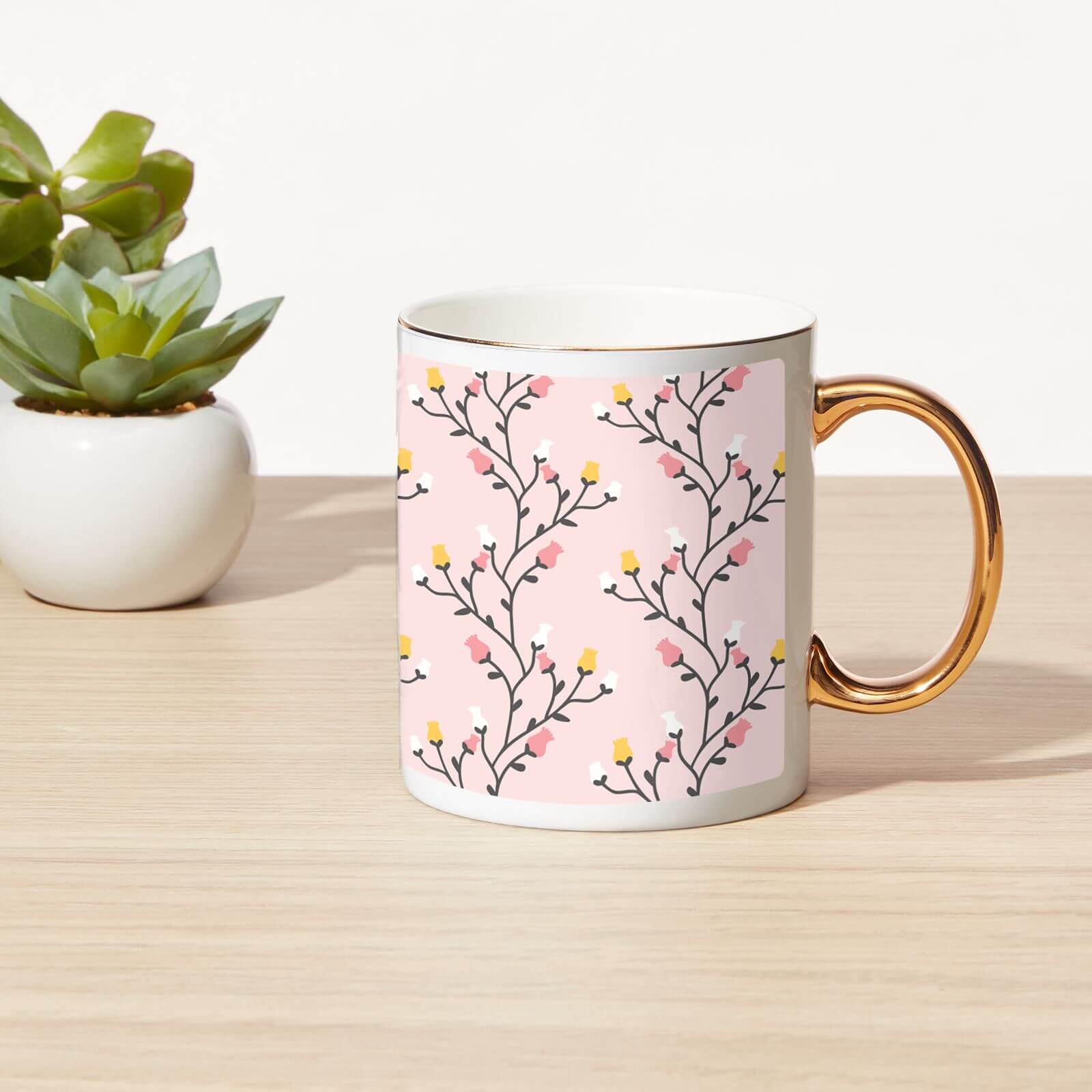 Flower Vine Bone China Gold Handle Mug
