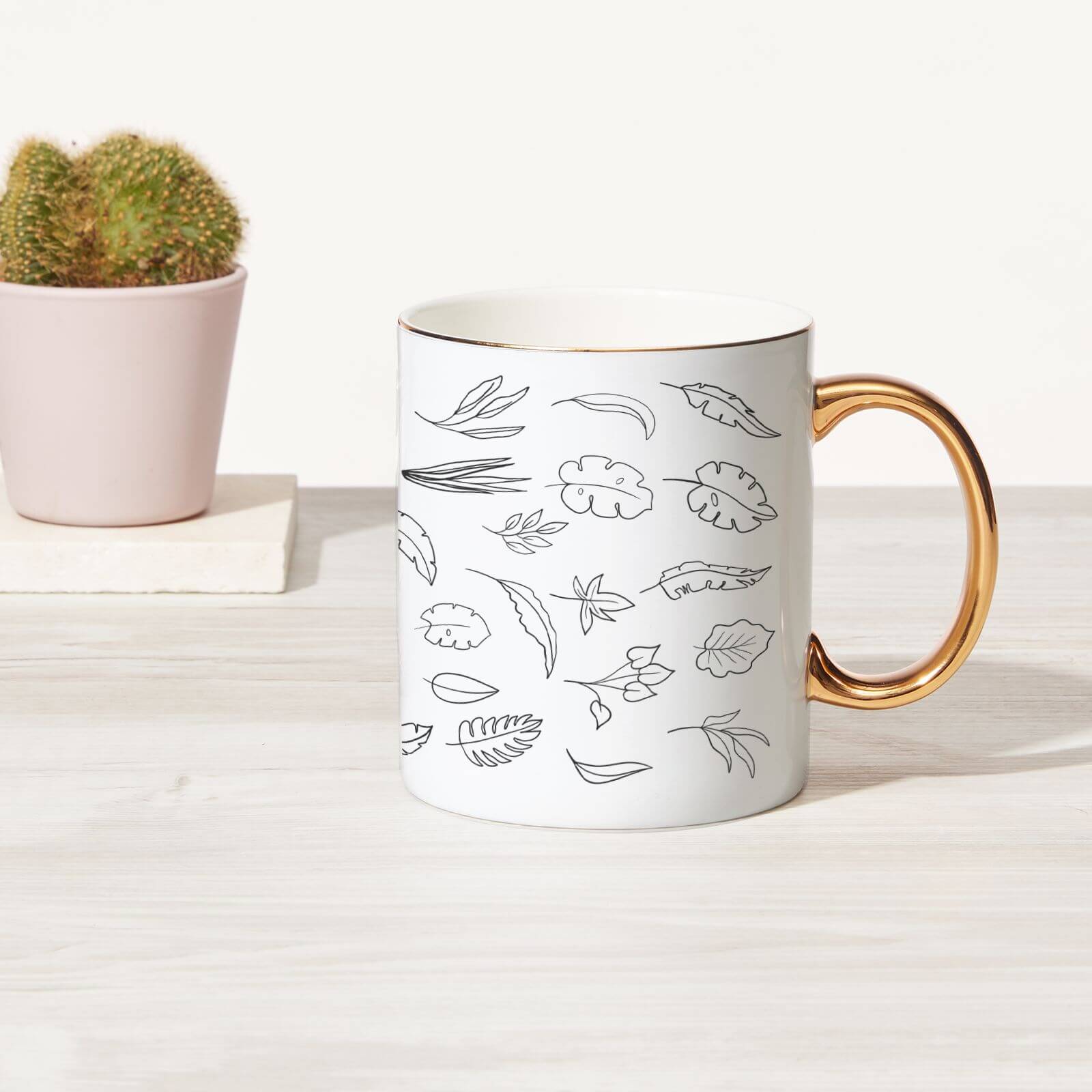 Line Leaves Bone China Gold Handle Mug