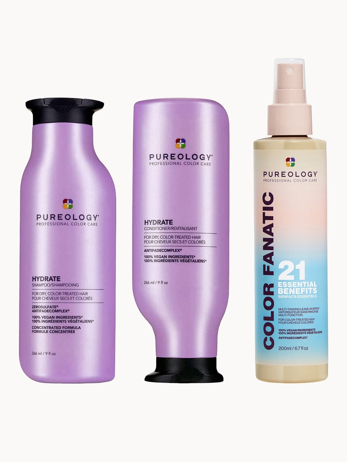 Pureology Hydrate Shampoo, Conditioner and Color Fanatic Multi-Benefit Leave-in, Moisturising Bundle for Dry Hair