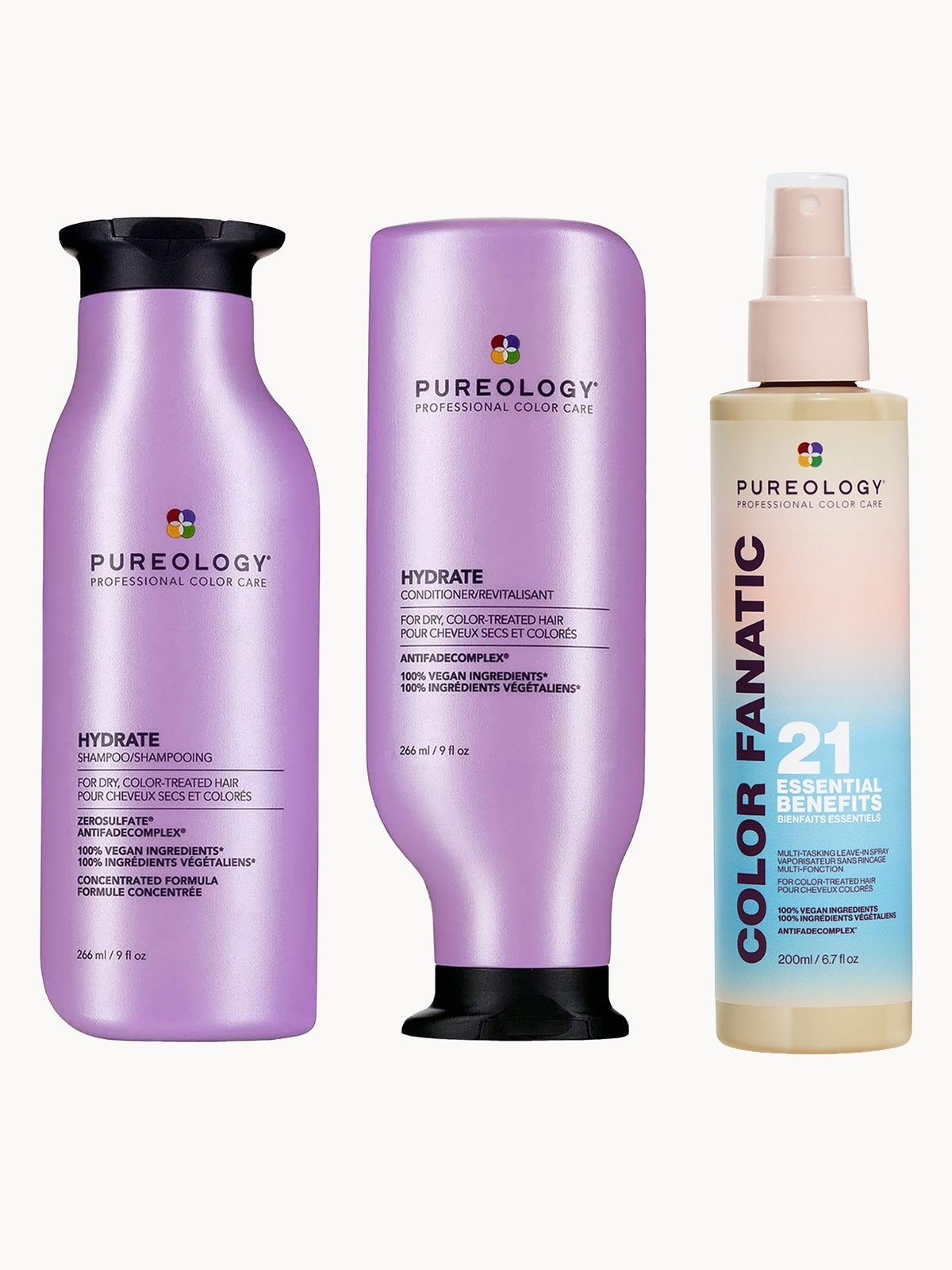 Pureology Hydrate Shampoo, Conditioner and Color Fanatic Multi-Benefit Leave-in, Moisturising Bundle for Dry Hair