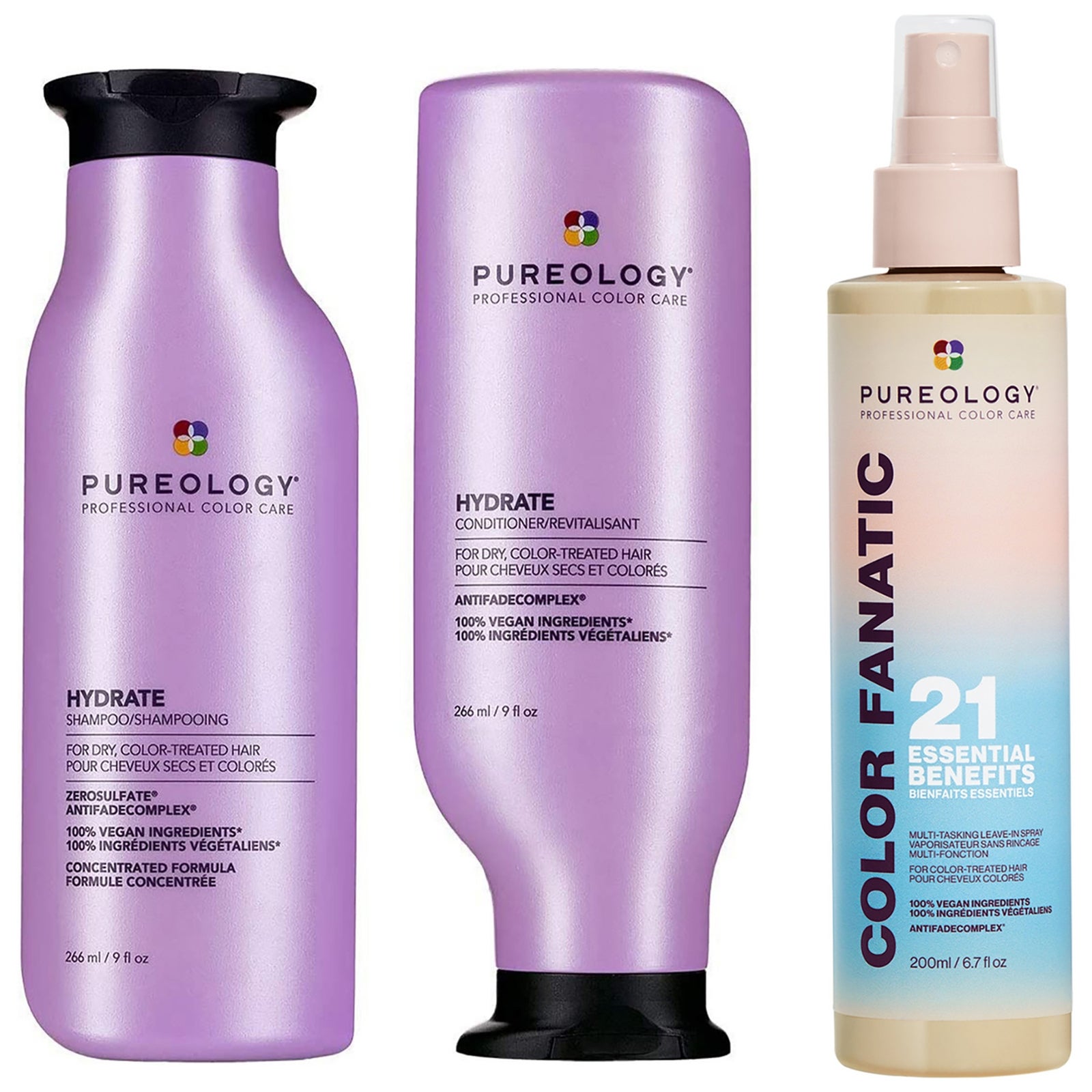 Pureology Hydrate Shampoo, Conditioner and Color Fanatic Multi-Benefit Leave-in, Moisturising Bundle for Dry Hair