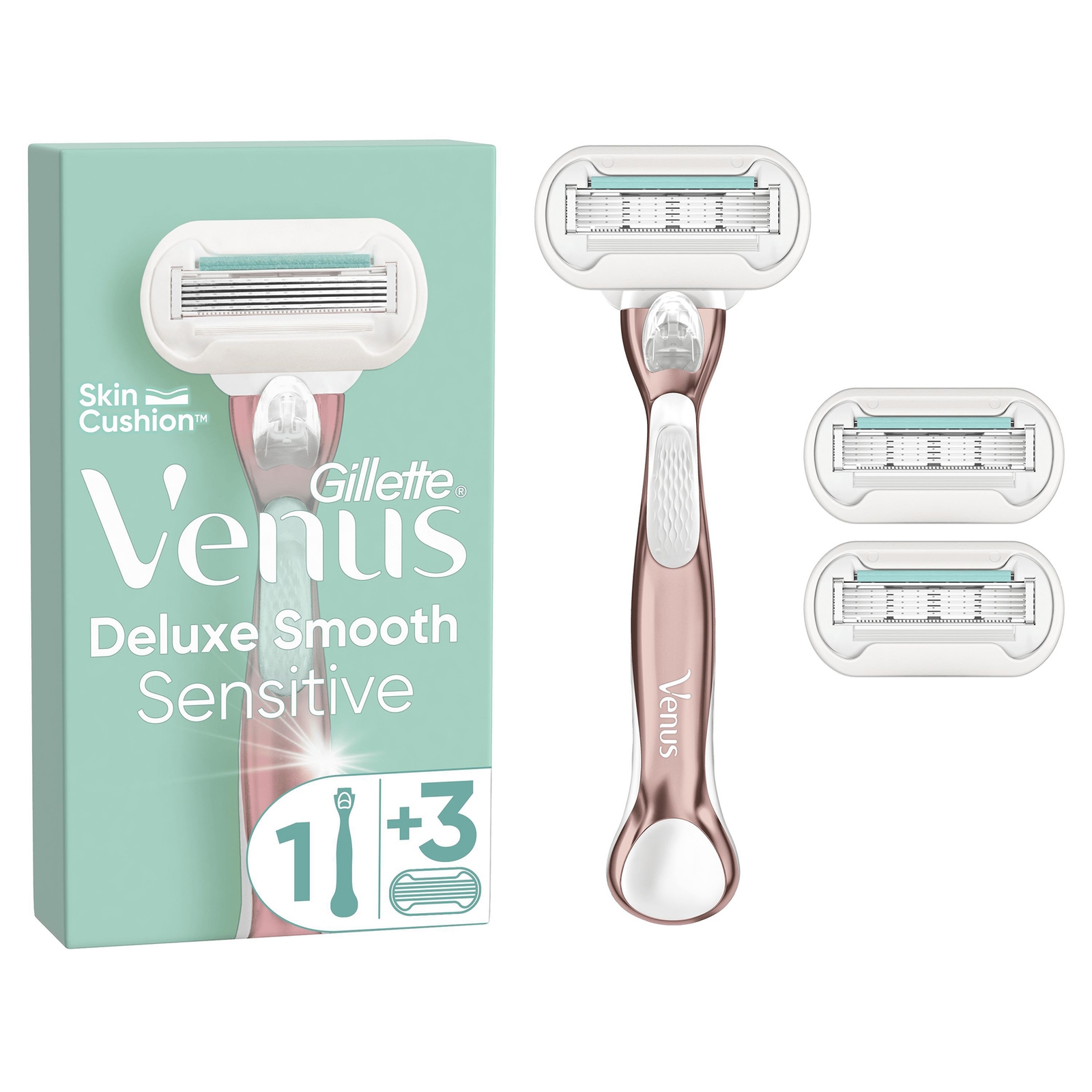 Venus Deluxe Smooth Sensitive Rose Gold Razor Starter Pack - Handle + 3 Blades