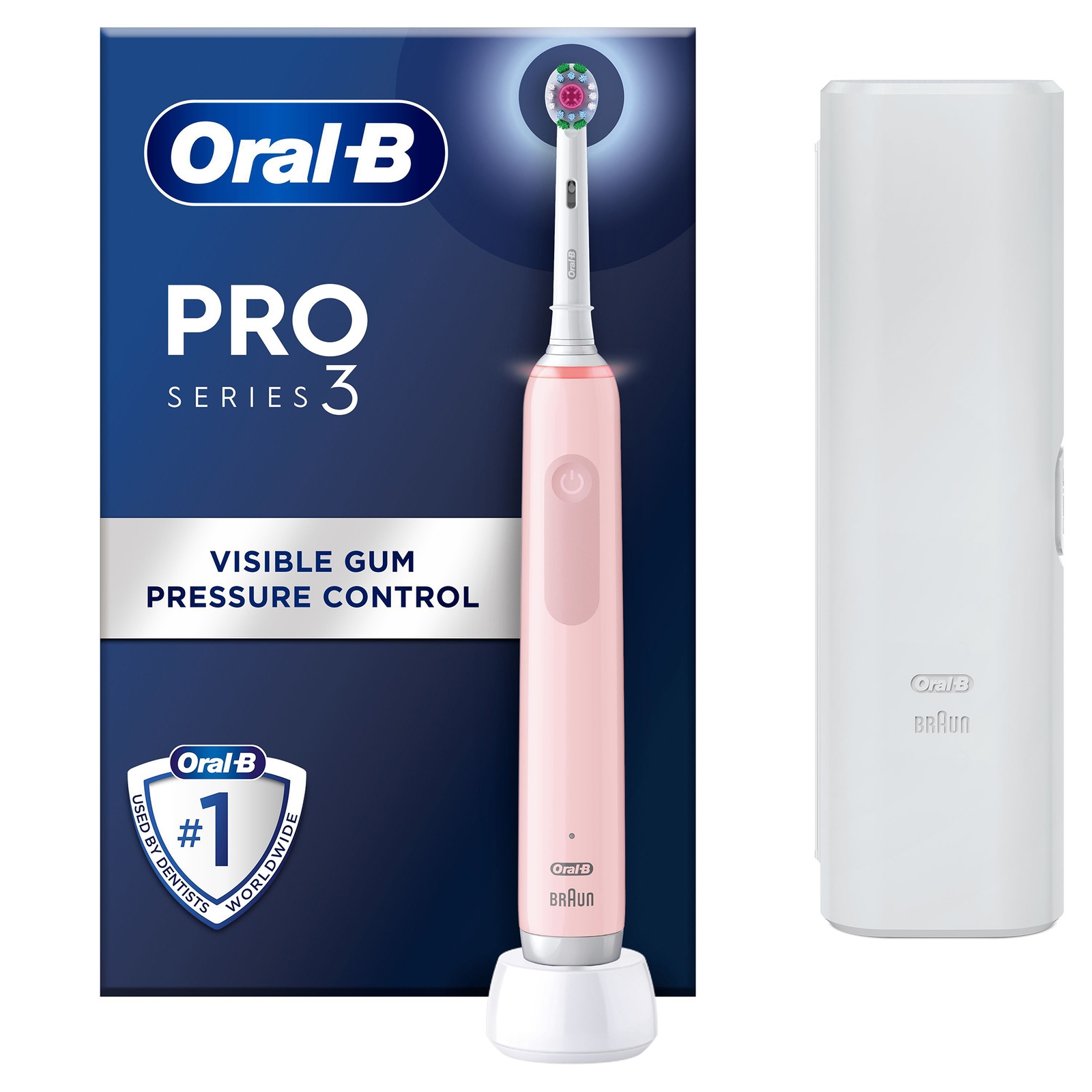 Oral B Pro 3500 3D White Pink Electric Toothbrush with Travel Case - Toothbrush + 4 Refills
