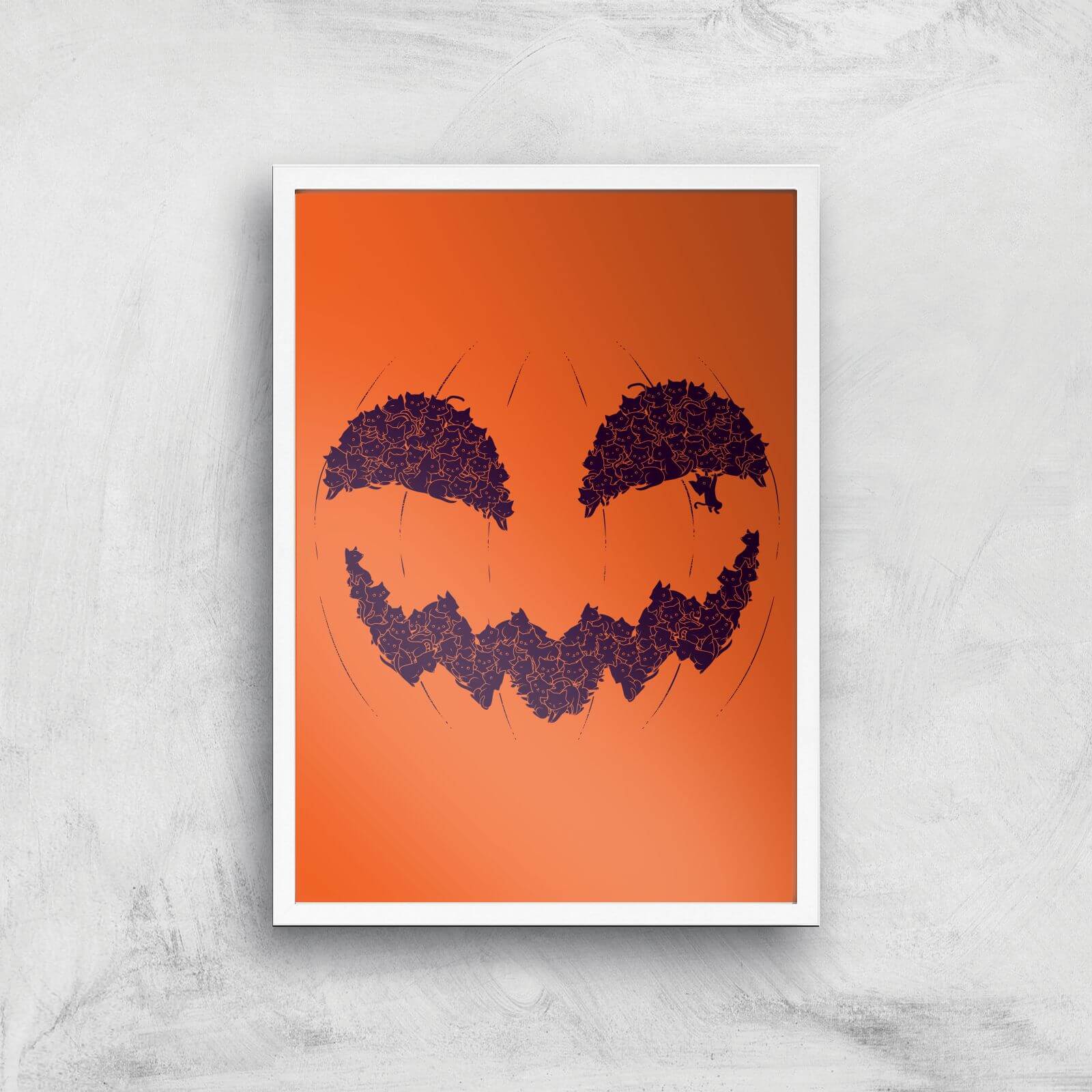 Halloween Pumpkin Cat Giclee Art Print - A4 - White Frame