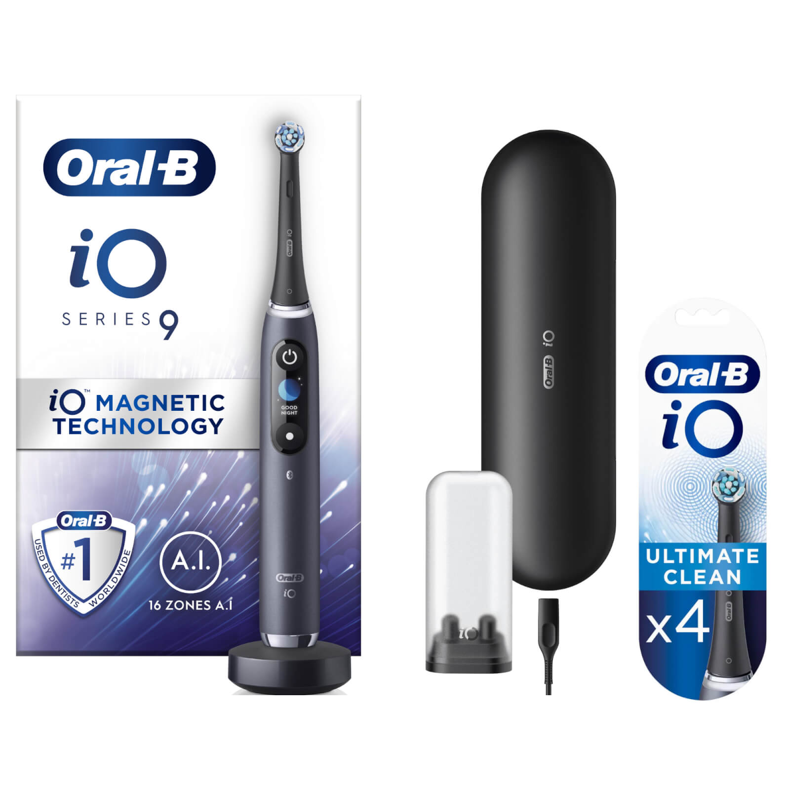 Oral B iO9 Black Onyx Electric Toothbrush with Charging Travel Case - Toothbrush + 4 Refills