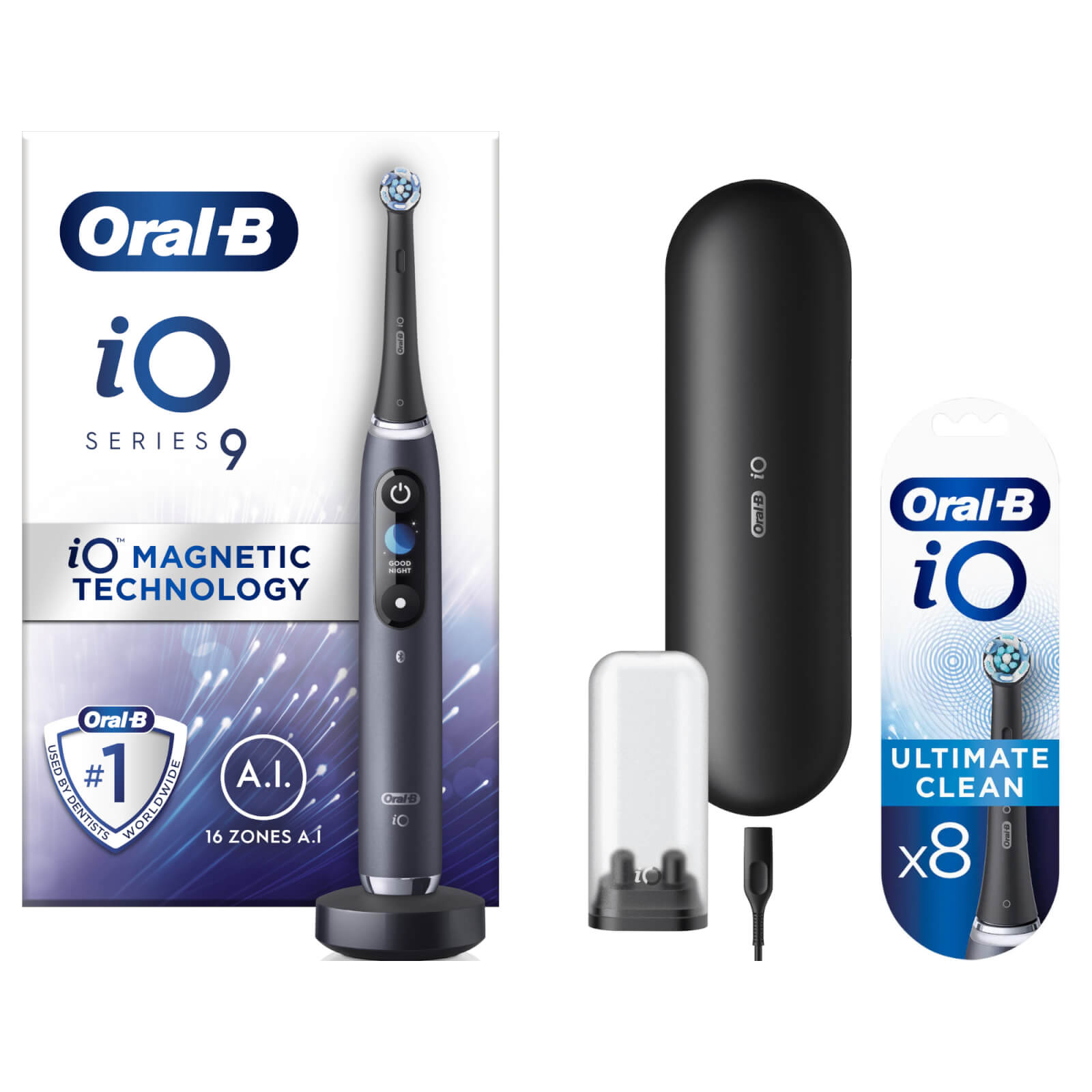Oral B iO9 Black Onyx Electric Toothbrush with Charging Travel Case - Toothbrush + 8 Refills