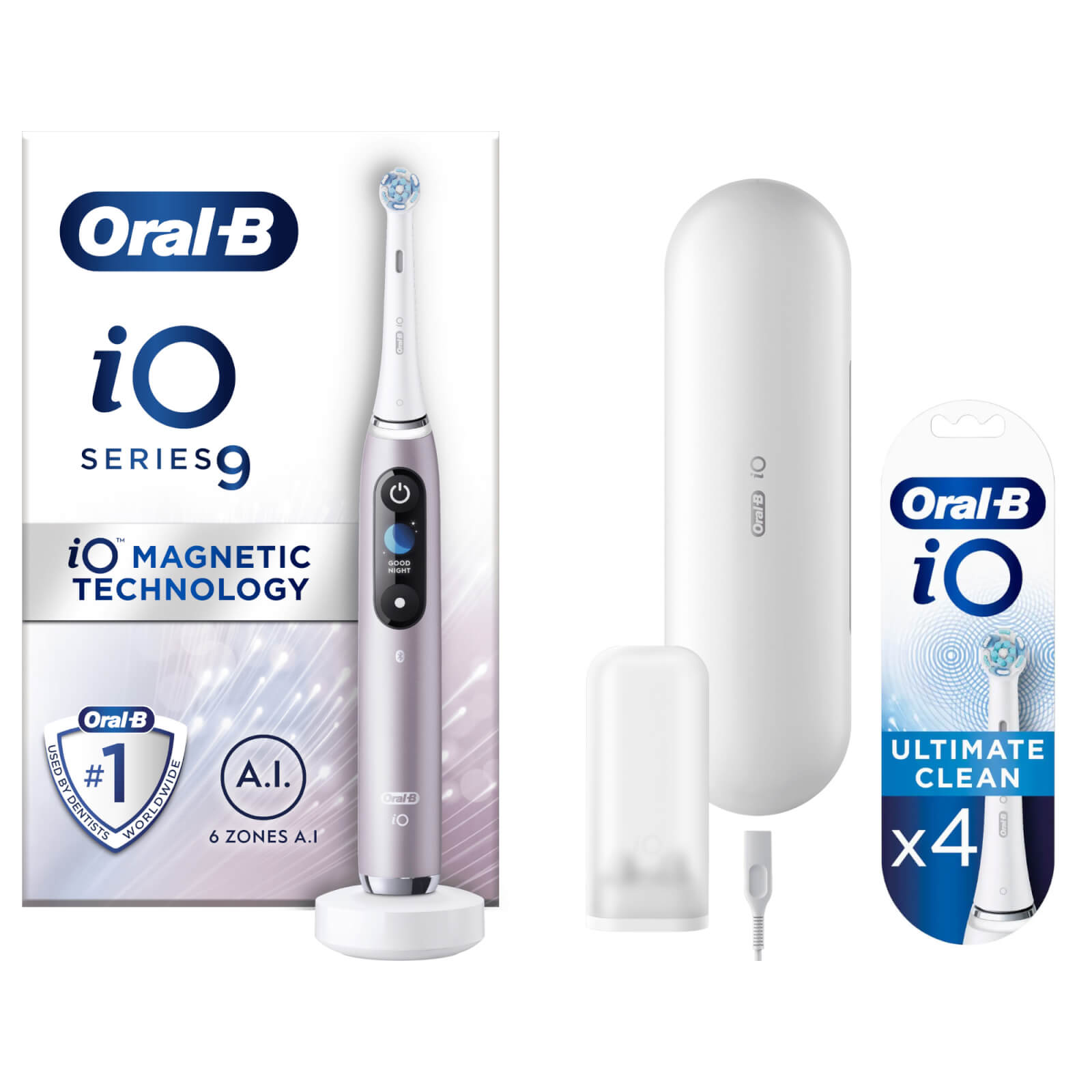 Oral B iO9 Rose Quartz Electric Toothbrush with Charging Travel Case - Toothbrush + 4 Refills