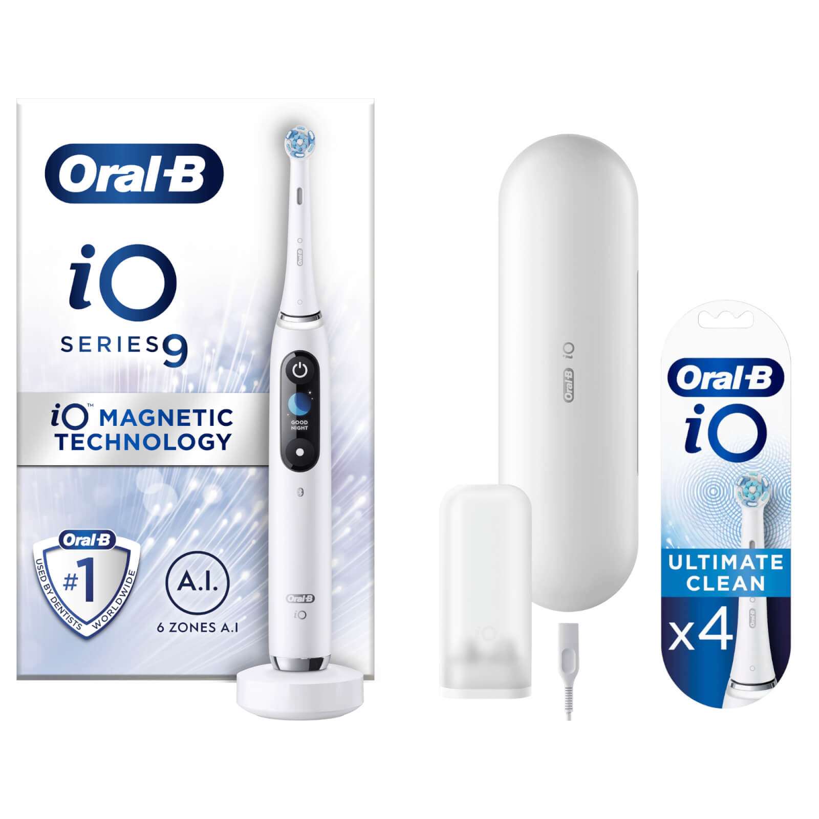Oral B iO9 White Alabaster Electric Toothbrush with Charging Travel Case - Toothbrush + 4 Refills