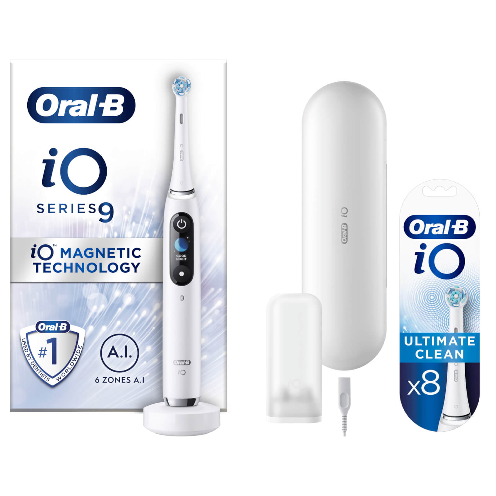 Oral B iO9 White Alabaster Electric Toothbrush with Charging Travel Case - Toothbrush + 8 Refills