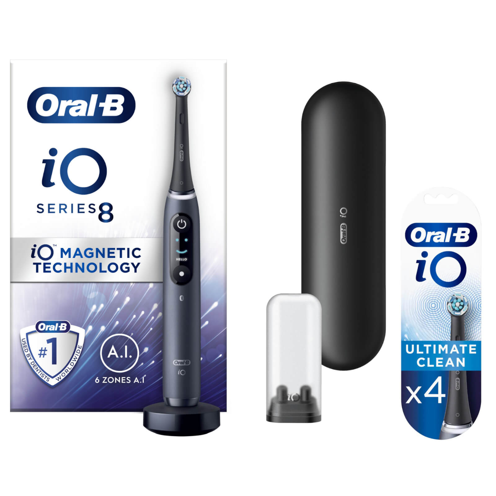 Oral B iO8 Black Electric Toothbrush with Travel Case - Toothbrush + 4 Refills