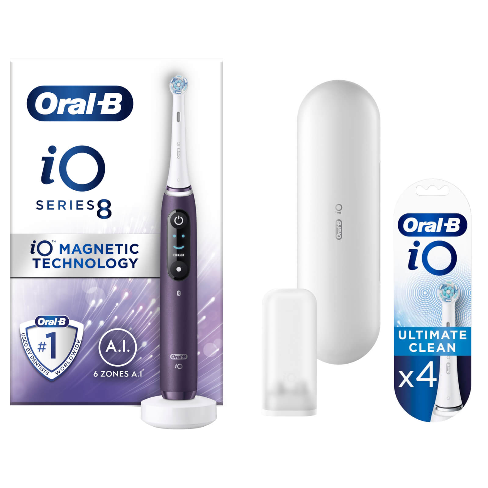 Oral B iO8 Violet Electric Toothbrush with Travel Case - Toothbrush + 4 Refills