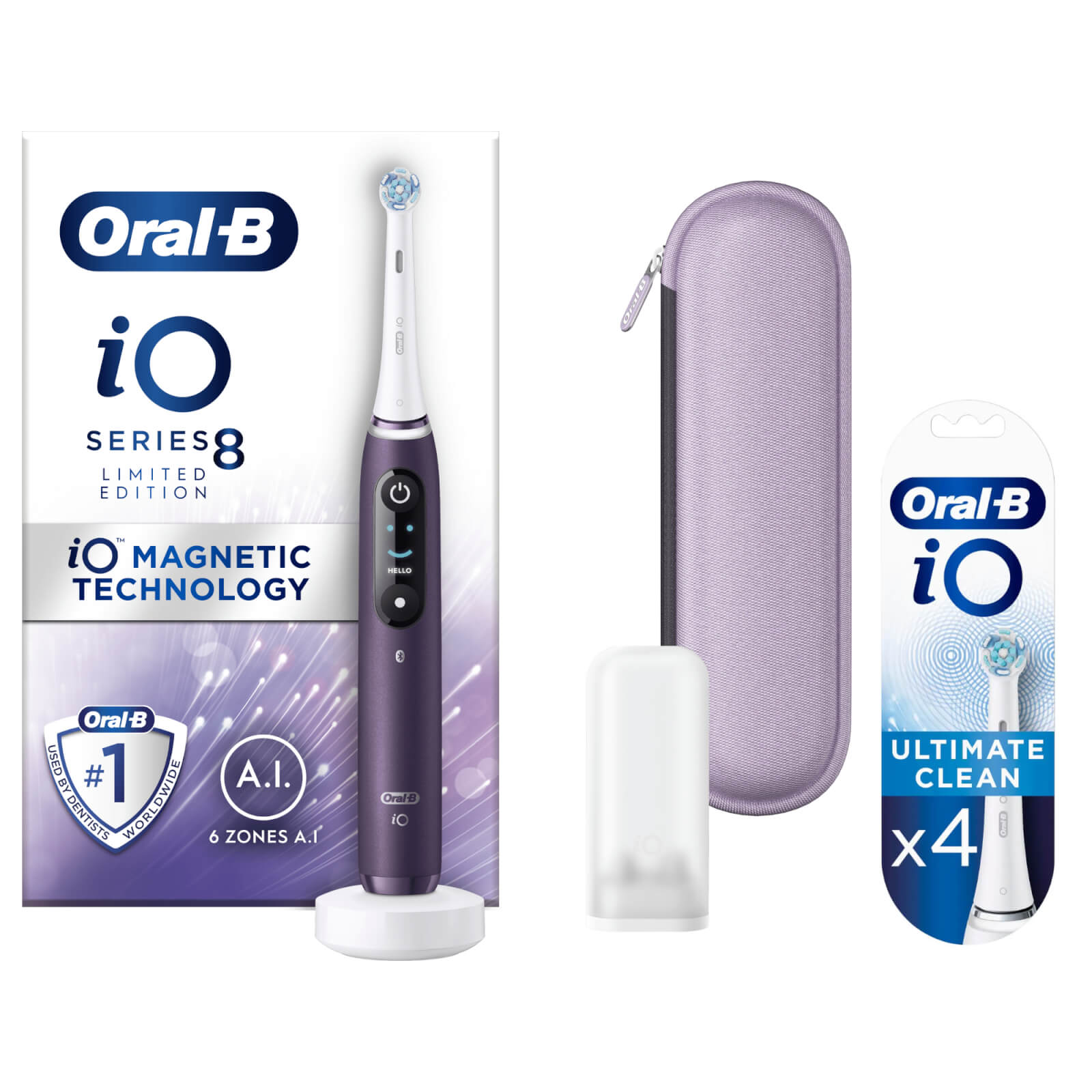 Oral B iO8 Violet Electric Toothbrush with Zipper Case - Toothbrush + 4 Refills
