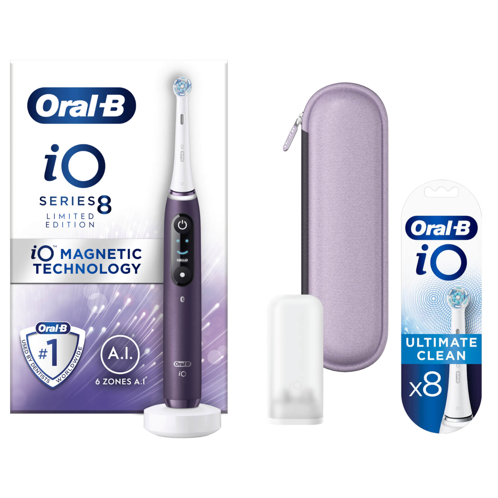 Oral B iO8 Violet Electric Toothbrush with Zipper Case - Toothbrush + 8 Refills