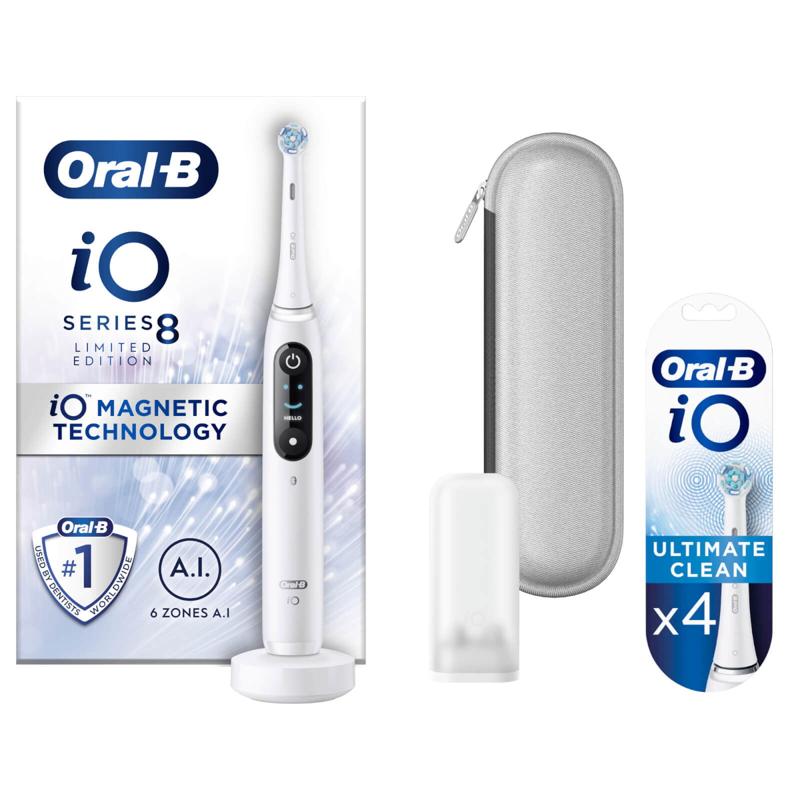 Oral B iO8 White Electric Toothbrush with Zipper Case - Toothbrush + 4 Refills