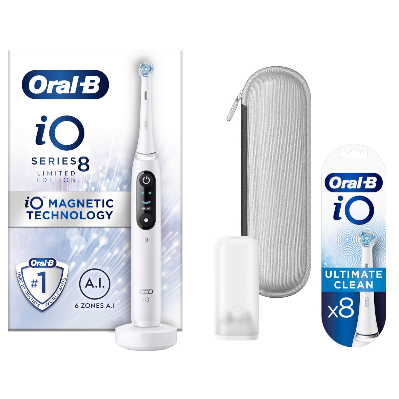 Oral B iO8 White Electric Toothbrush with Zipper Case - Toothbrush + 8 Refills