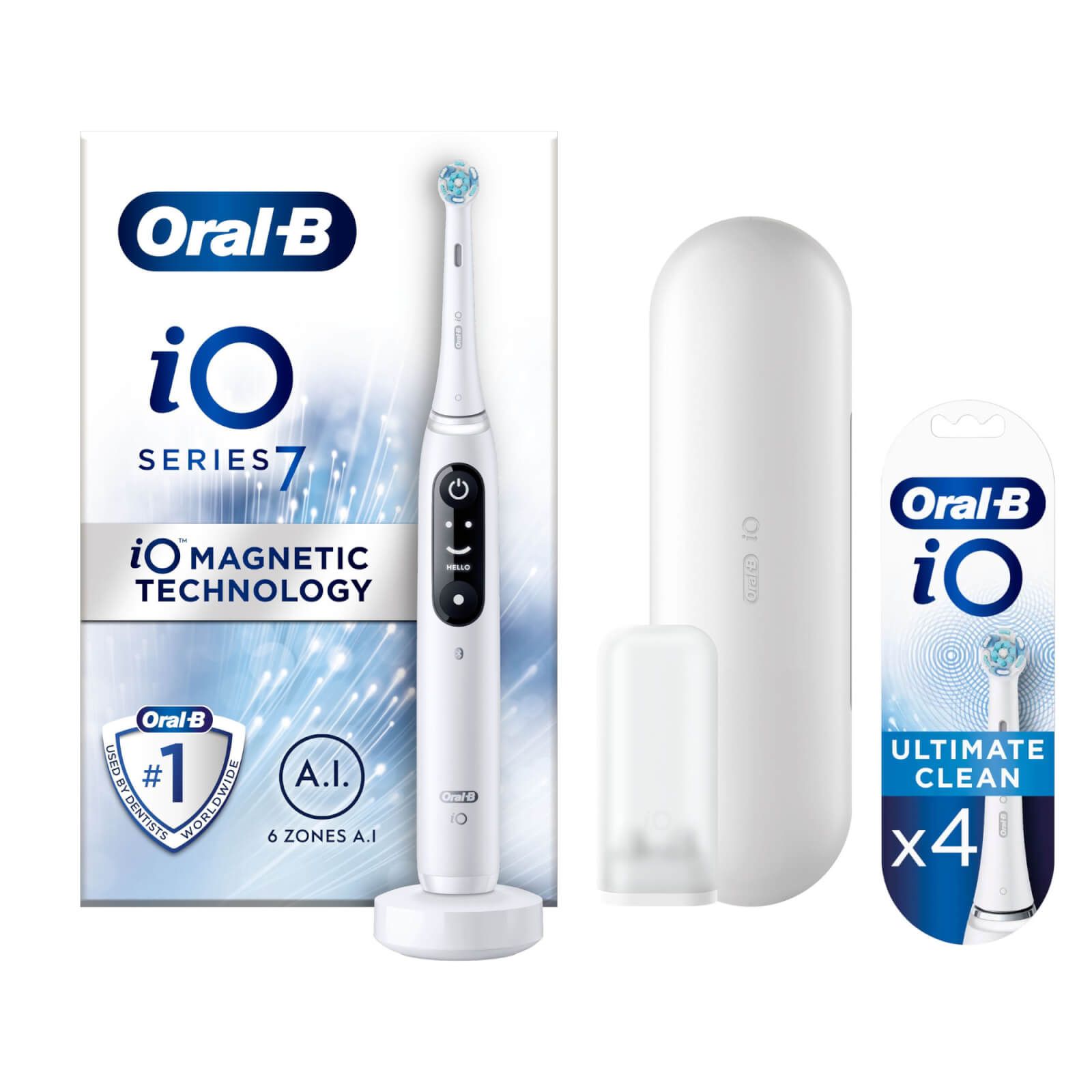 Oral B iO7 White Electric Toothbrush with Travel Case - Toothbrush + 4 Refills