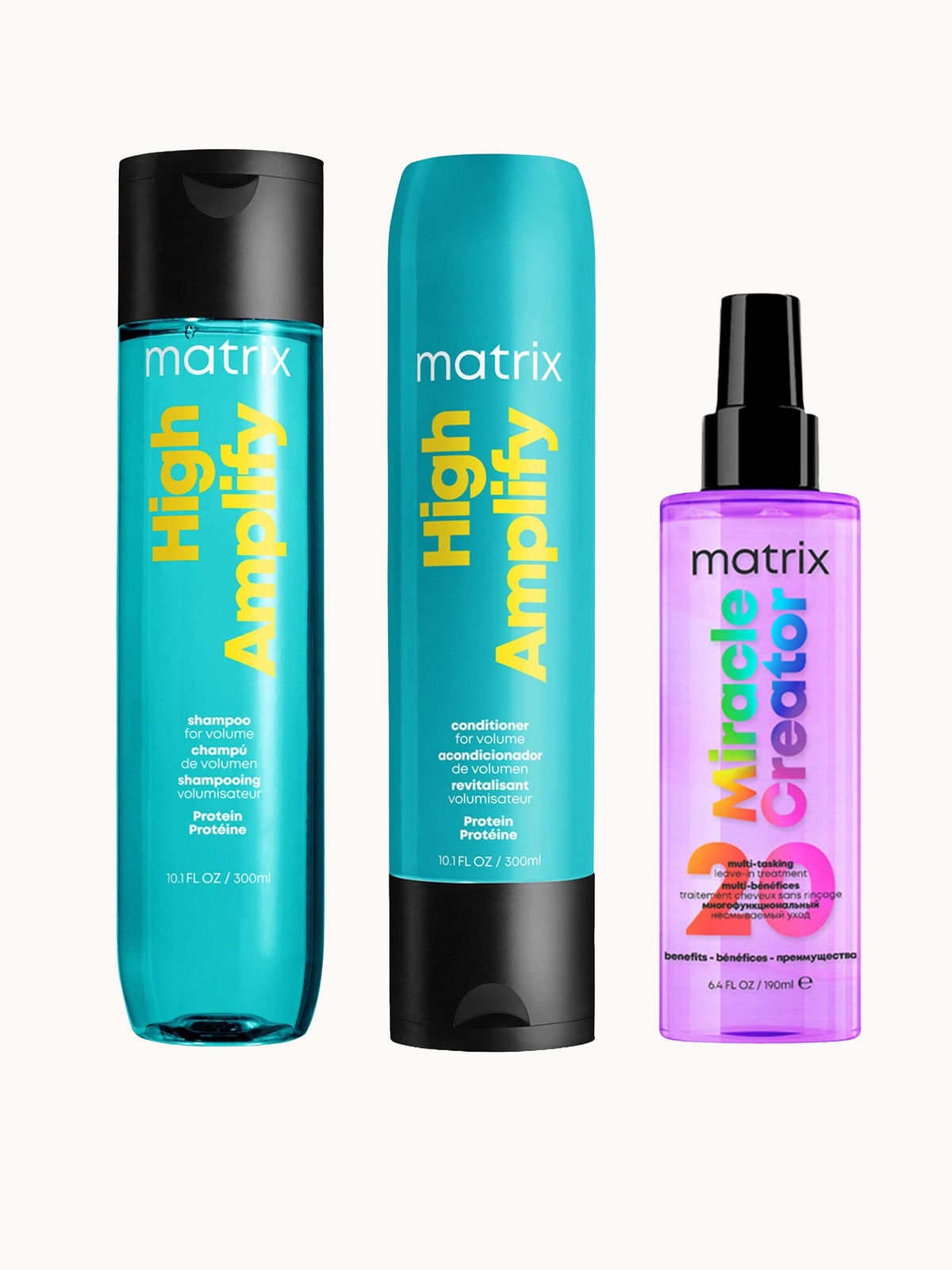 Matrix Total Results Volumising High Amplify Shampoo, Conditioner and Miracle Creator Spray Routine for Fine and Flat Hair