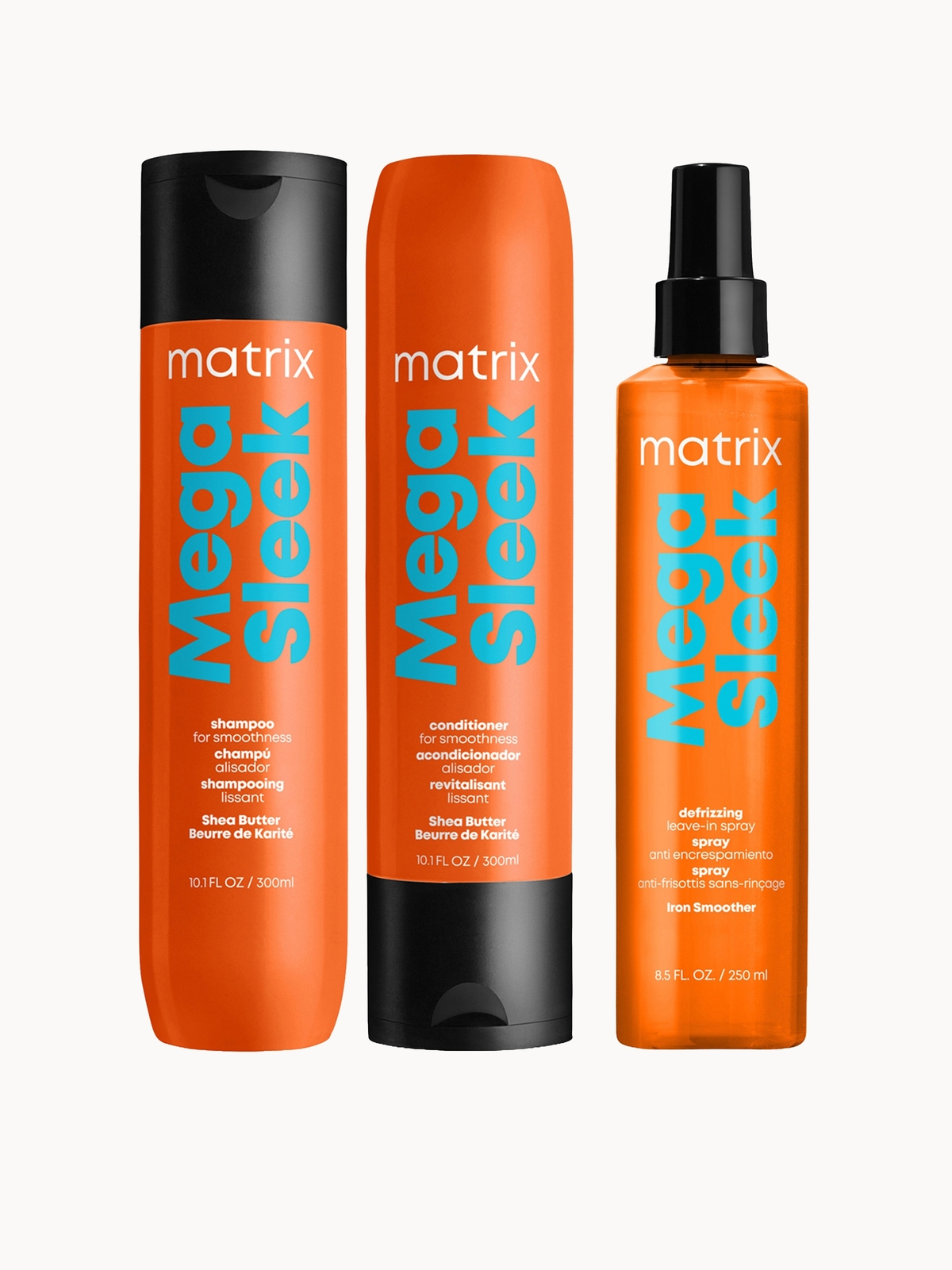 Matrix Mega Sleek Shea Butter Smoothing Shampoo, Conditioner and Iron Smoother Heat Protection Routine for Frizzy Hair