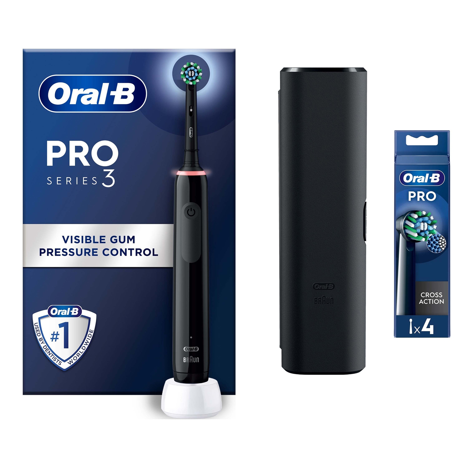 Oral B Pro 3500 Cross Action Black Electric Toothbrush with Travel Case - Toothbrush + 4 Toothbrush Heads