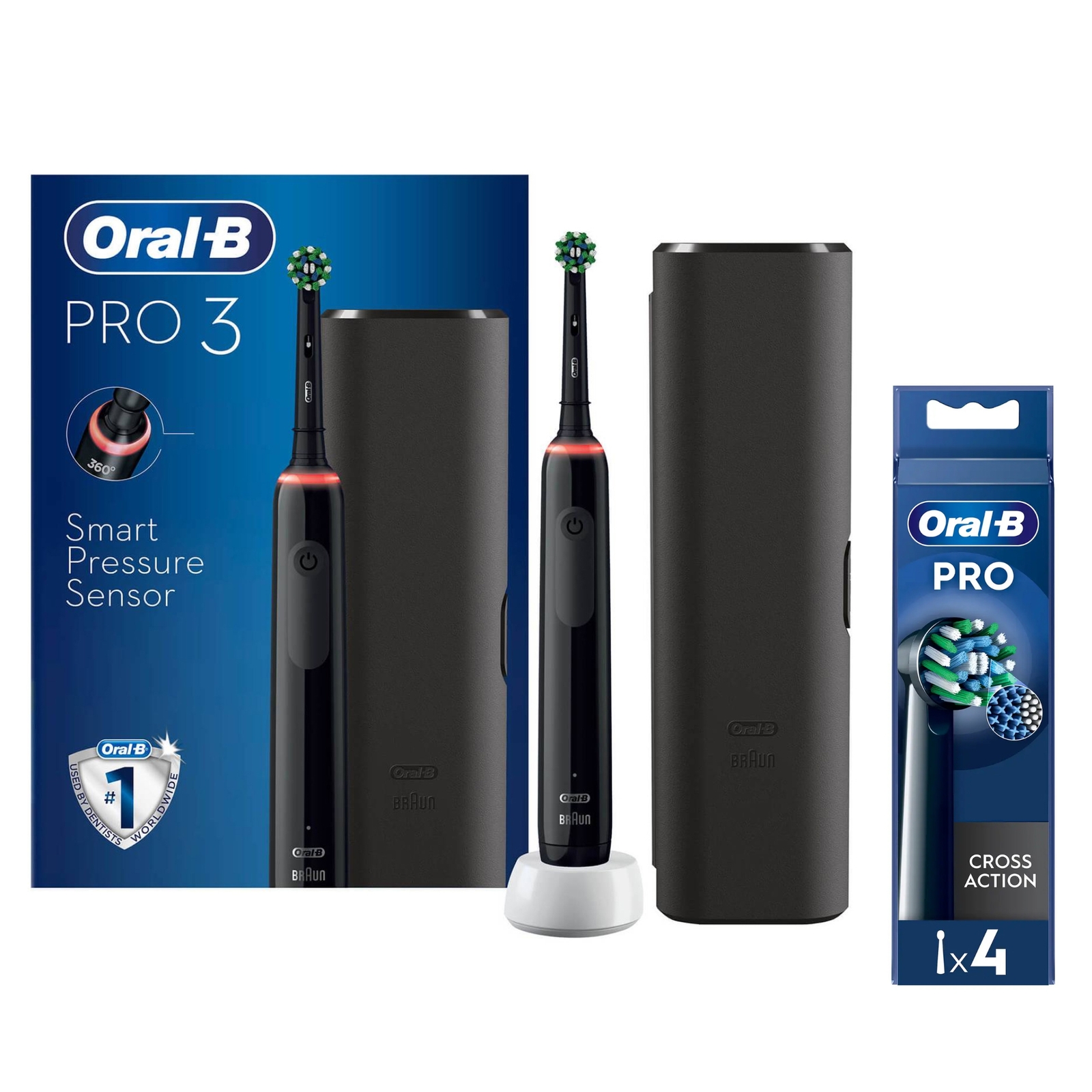 Oral B Pro 3500 Cross Action Black Electric Toothbrush with Travel Case - Toothbrush + 4 Refills