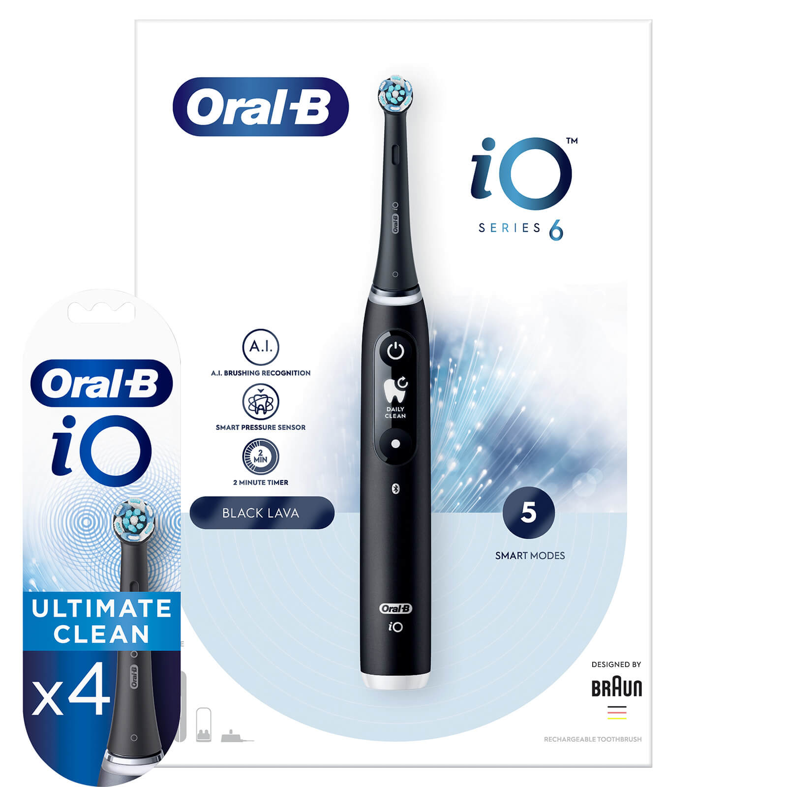 Oral B iO6 Black Lava Electric Toothbrush with Travel Case - Toothbrush + 4 Refills