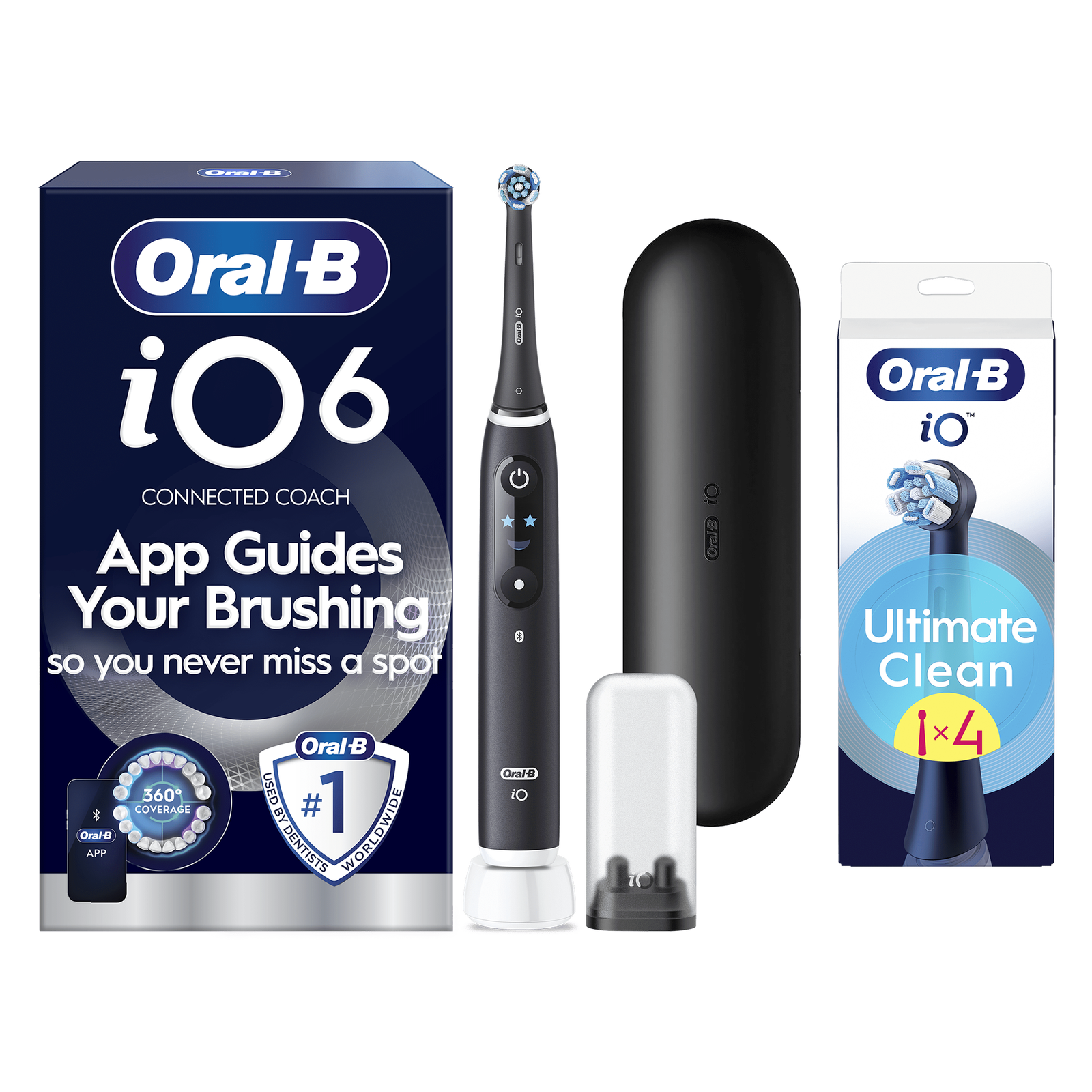Oral-B iO 6 Black Electric Toothbrush Designed By Braun - Toothbrush + 4 Toothbrush Heads