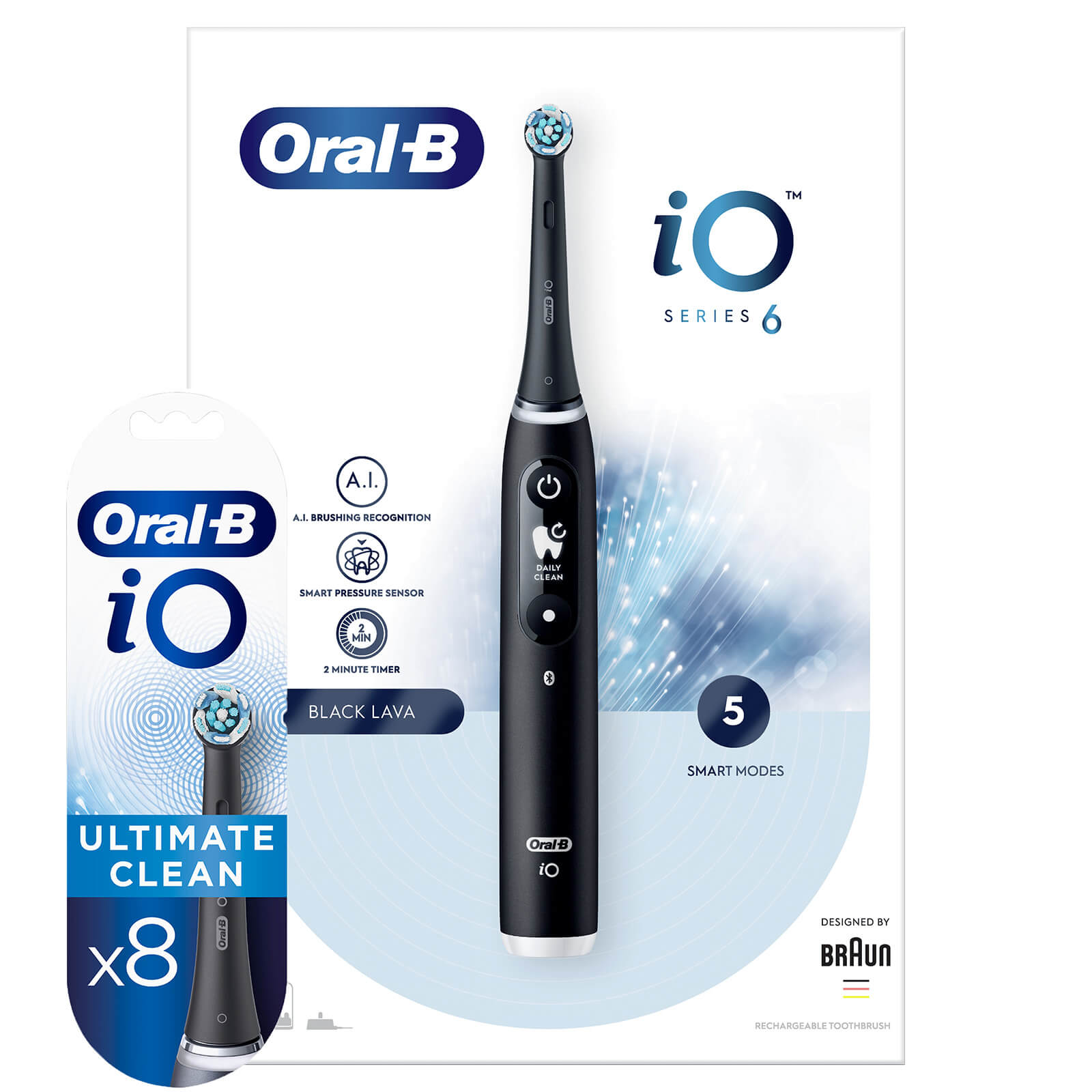 Oral B iO6 Black Lava Electric Toothbrush with Travel Case - Toothbrush + 8 Refills