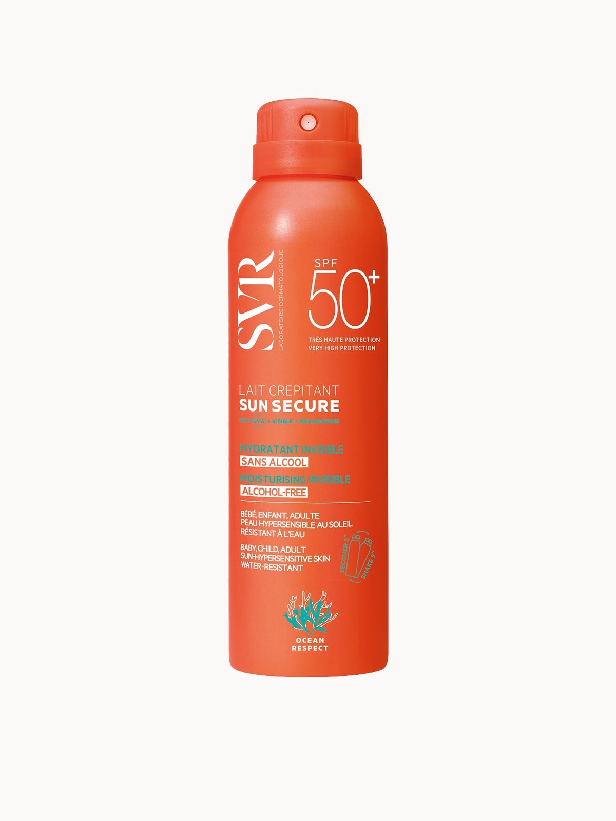 SVR SUN SECURE SPF 50+ Face & Body Fizzy Milk for Sensitive Skin, Water-Resistant, Biodegradable, Reef-Safe, All Ages, 200ml