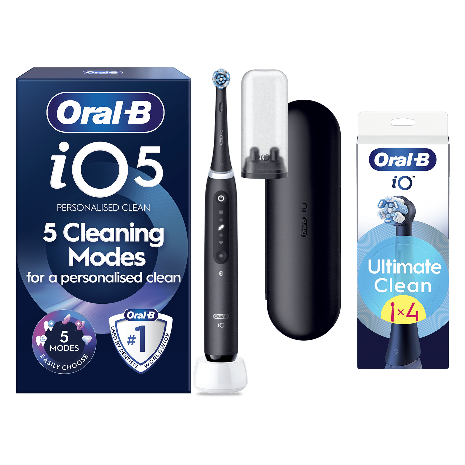 Oral B iO5 Black Electric Toothbrush Designed By Braun - Toothbrush + 4 Toothbrush Heads