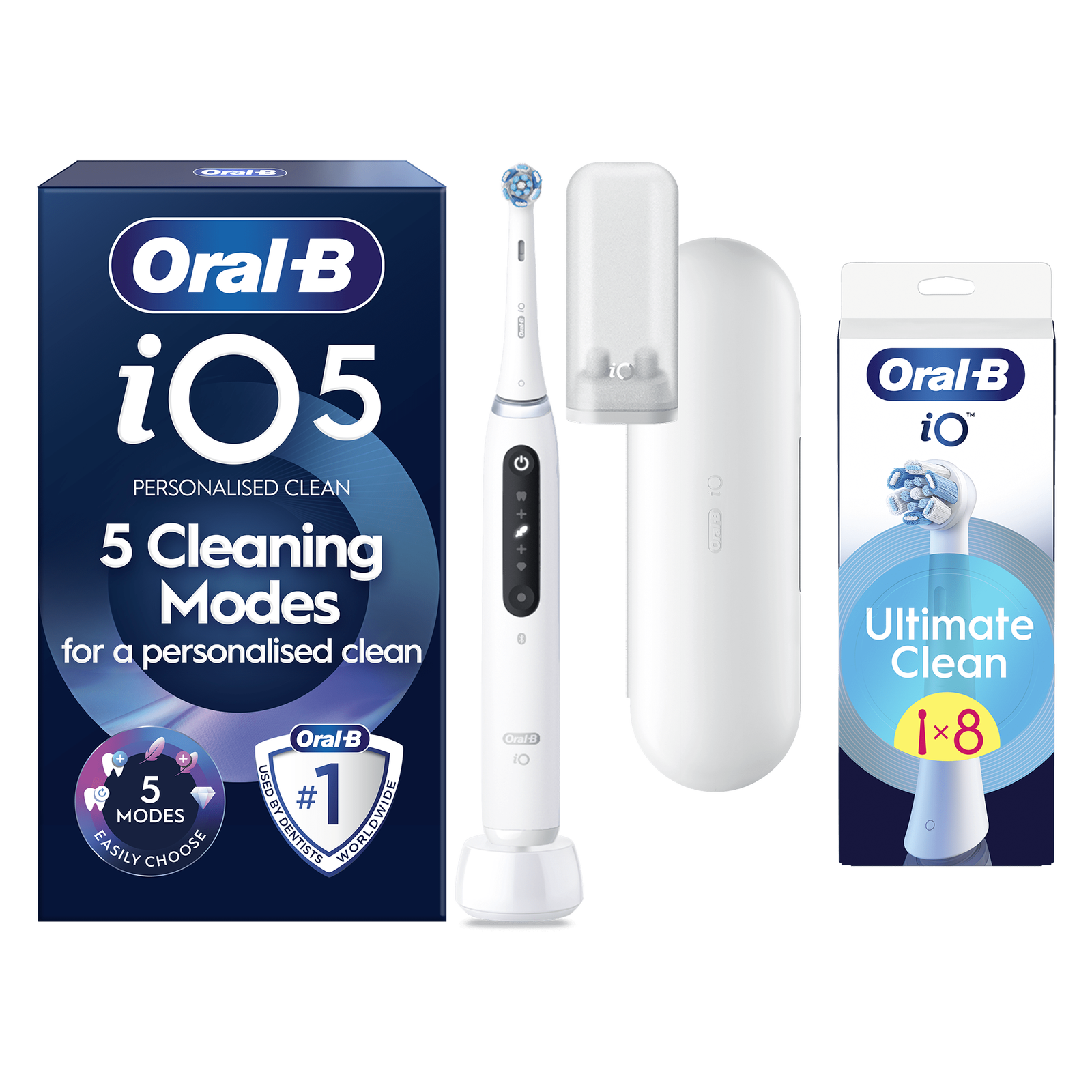 Oral B iO5 White Electric Toothbrush Designed By Braun - Toothbrush + 8 Toothbrush Heads