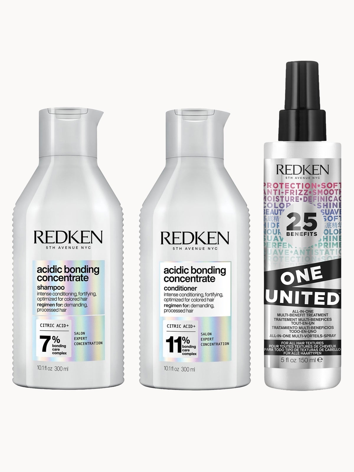 Redken Acidic Bonding Concentrate Shampoo, Conditioner and One United Multi-Benefit Leave-In Treatment Bond Repair Bundle
