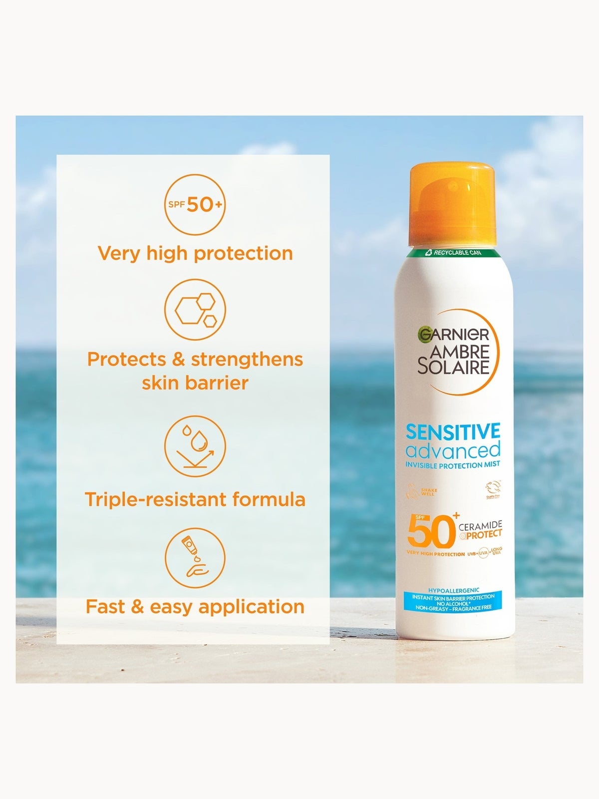 Garnier Ambre Solaire SPF 50+ Sensitive Advanced Dry Mist Sun Spray 150ml, photo 2