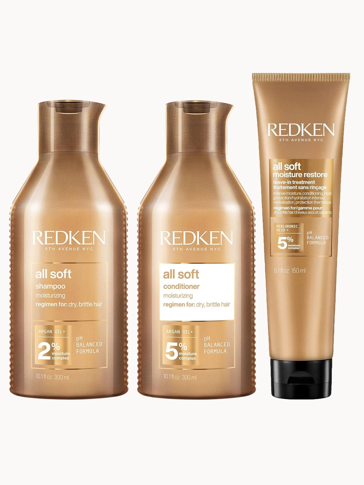 Redken All Soft Shampoo, Conditioner and Moisture Restore Leave-In Treatment, Hydrating Bundle, Softness & Shine, for Dry Hair