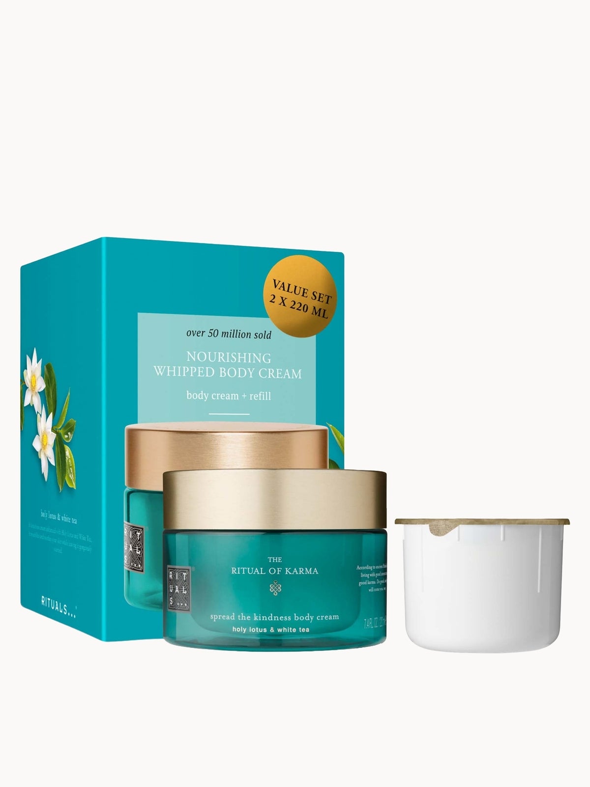 Rituals The Ritual of Karma Delicately Sweet Lotus & White Tea 48H Hydrating Body Cream and Refill Pack 2 x 220ml