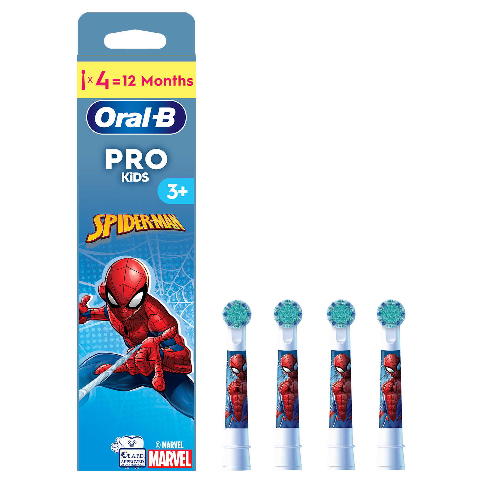Oral-B Pro Kids Spiderman Toothbrush Heads 4 Pack White: retailer-supplied image