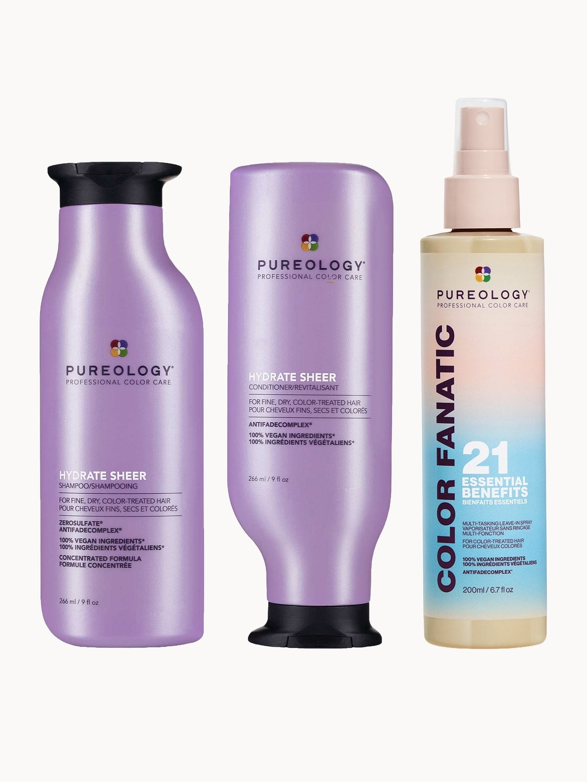 Pureology Hydrate Sheer Shampoo, Conditioner and Color Fanatic Spray Routine for Dry, Colour Treated Hair