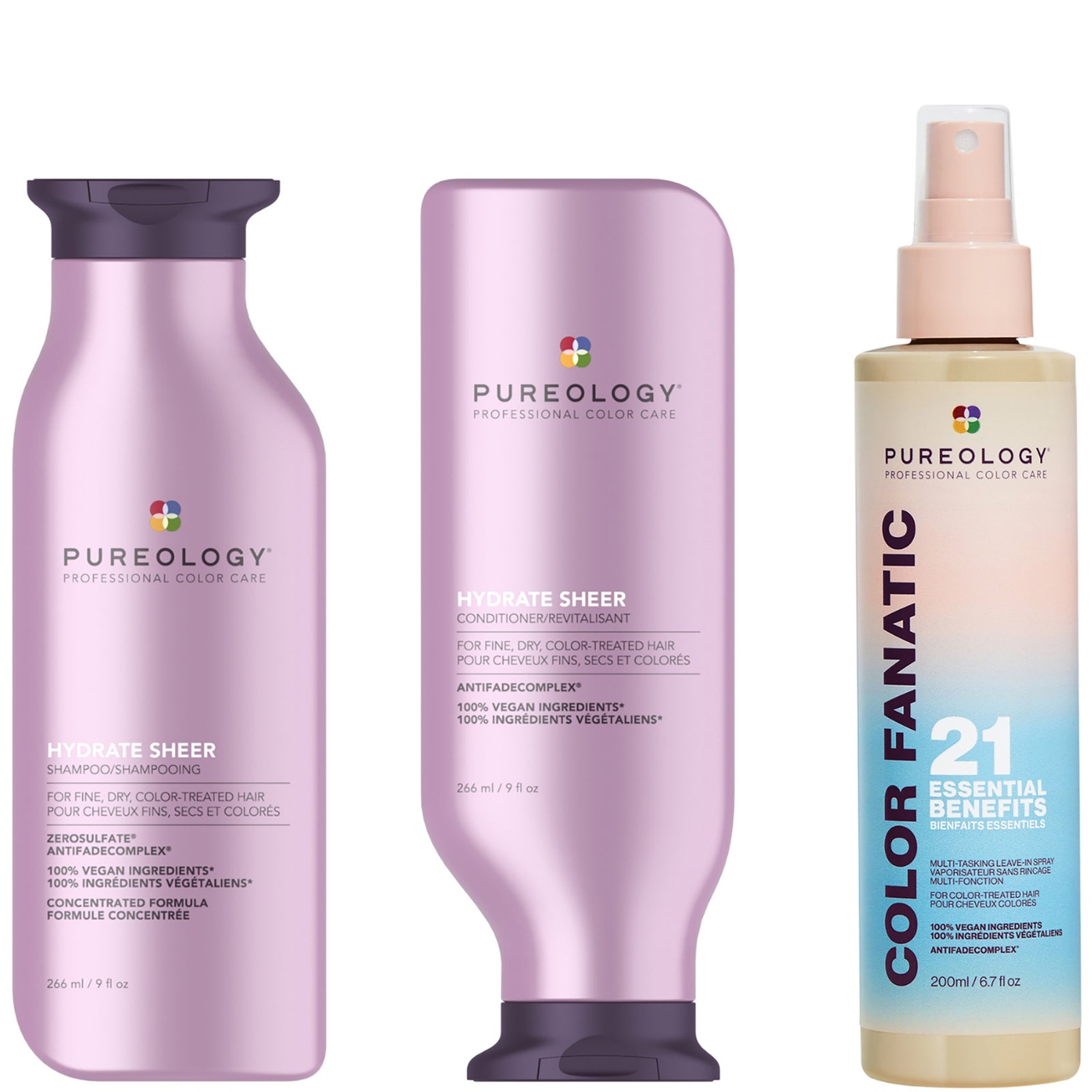 Pureology Hydrate Sheer Shampoo, Conditioner and Color Fanatic Spray Routine for Dry, Colour Treated Hair