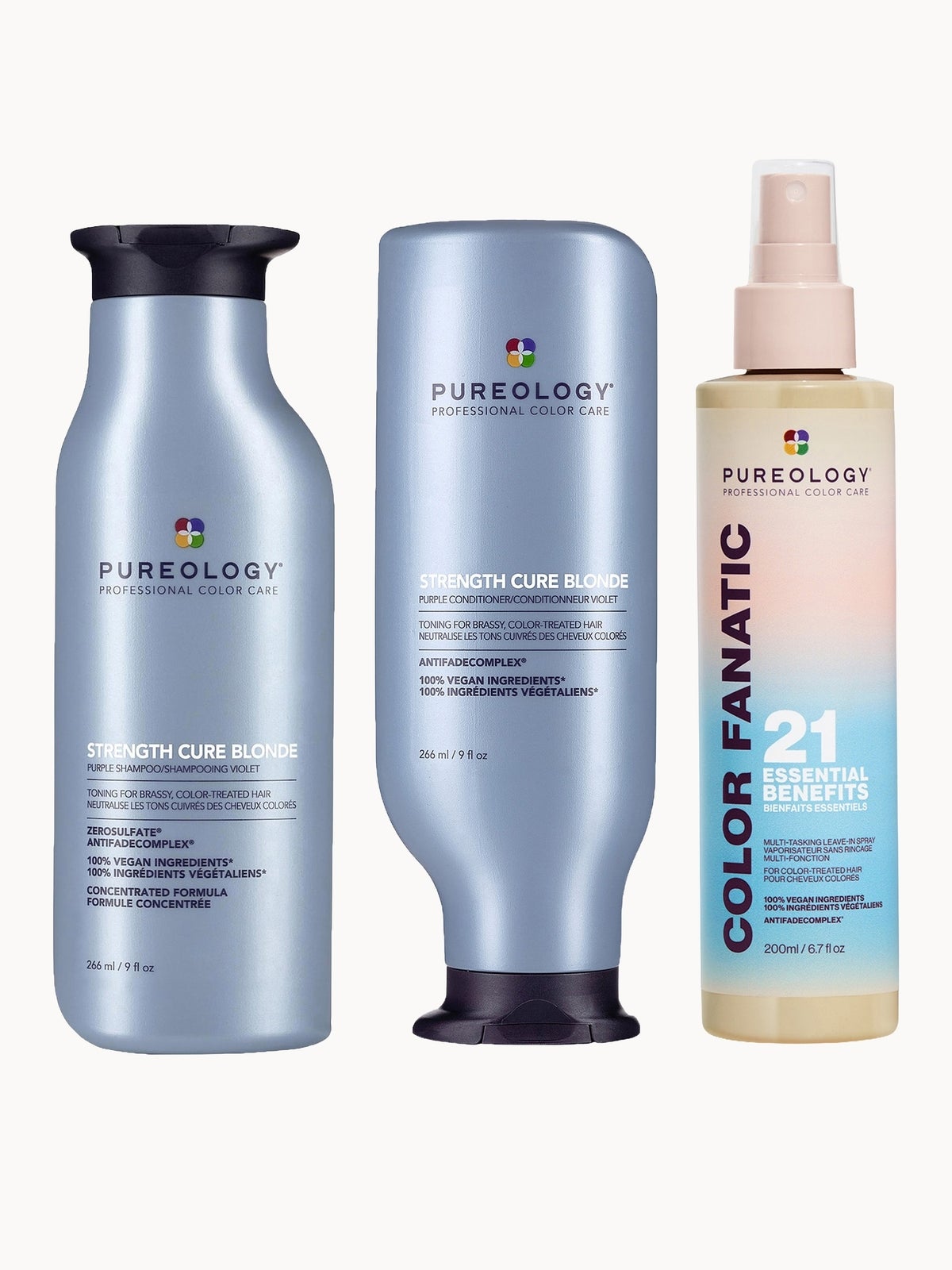 Pureology Strength Cure Blonde Purple Shampoo, Conditioner and Color Fanatic Spray Routine for Toning Brassy Hair