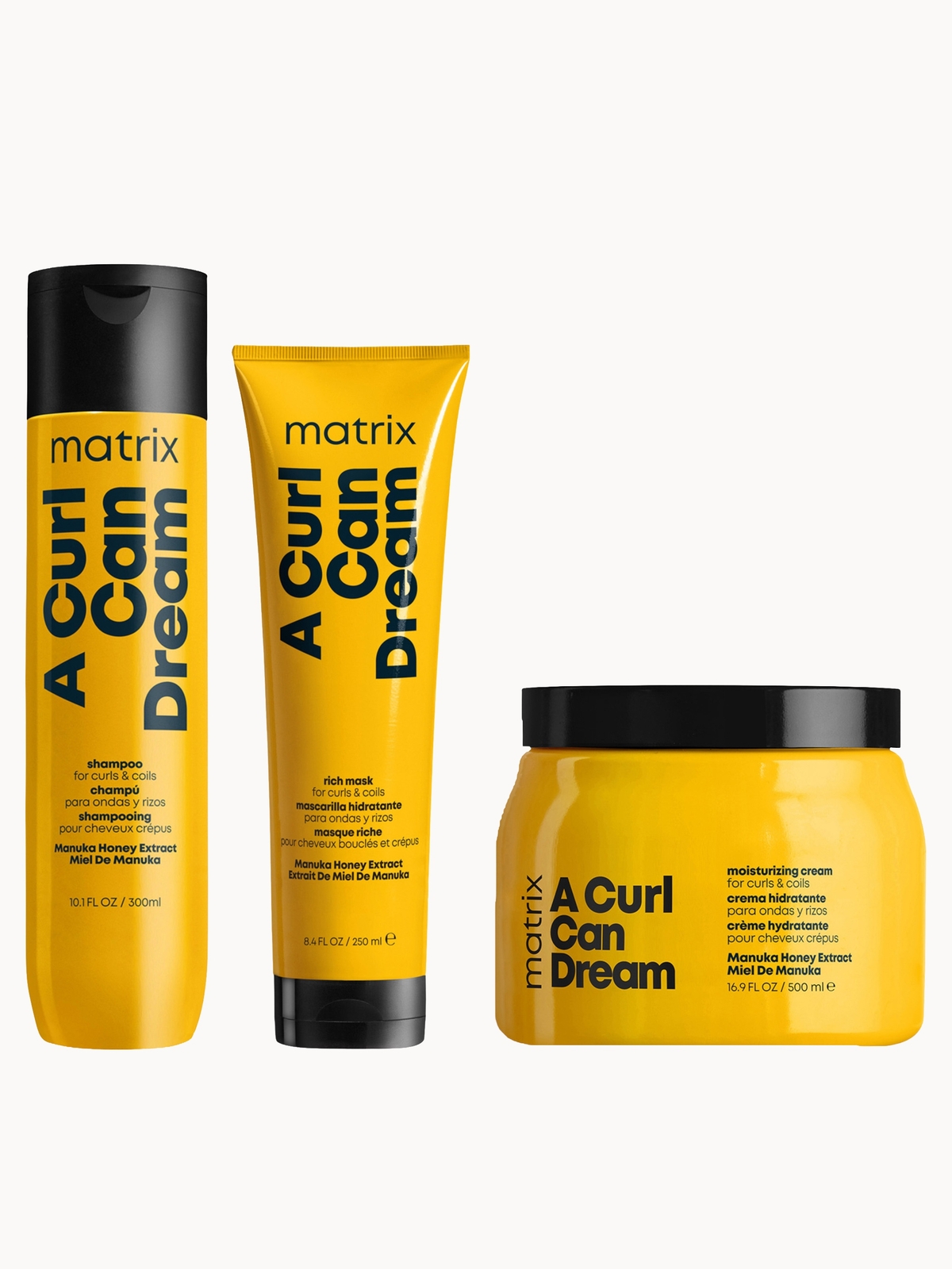 Matrix A Curl Can Dream Manuka Honey Infused Shampoo, Mask and Leave-in Cream Routine for Curls and Coils