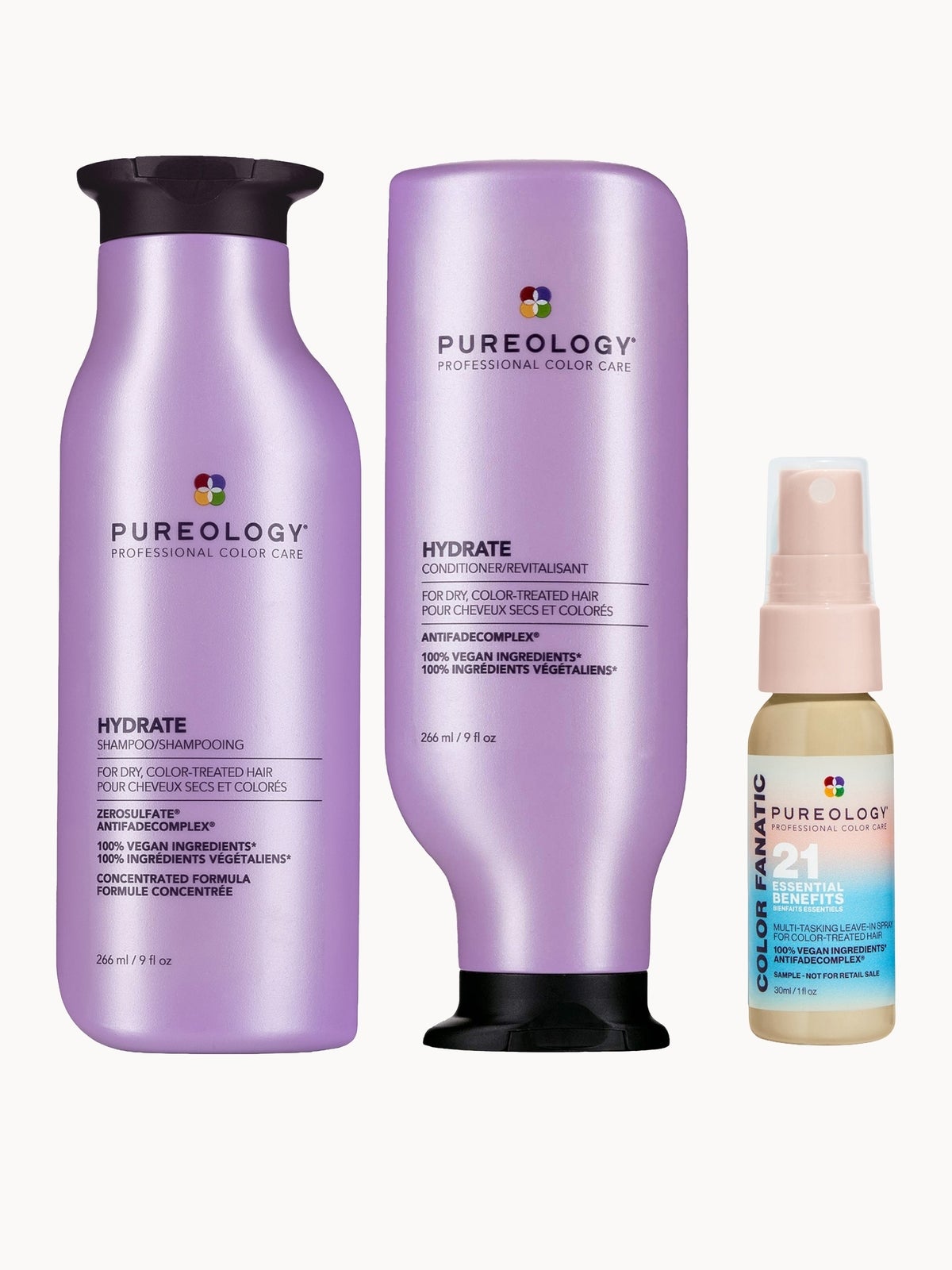 Pureology Hydrate Shampoo 266ml, Conditioner 266ml and Color Fanatic Spray Travel Size 30ml For Dry Hair Bundle