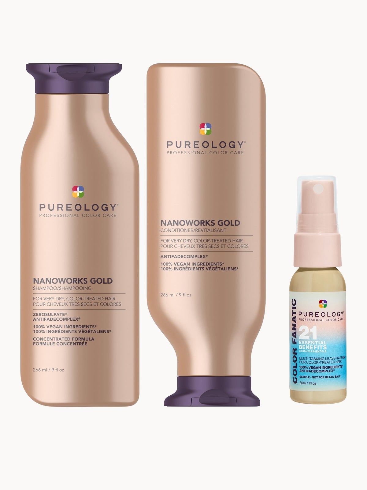 Pureology Nanoworks Gold Shampoo 266ml, Conditioner 266ml and Color Fanatic Mini 30ml For Dry, Coloured Hair (Worth £64.08)