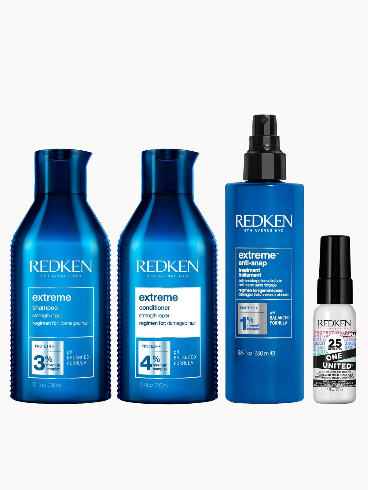 Redken Extreme Shampoo 300ml, Conditioner 300ml, Anti Snap 250ml and One United 30ml Bundle for Damaged Hair (Worth £76.32)