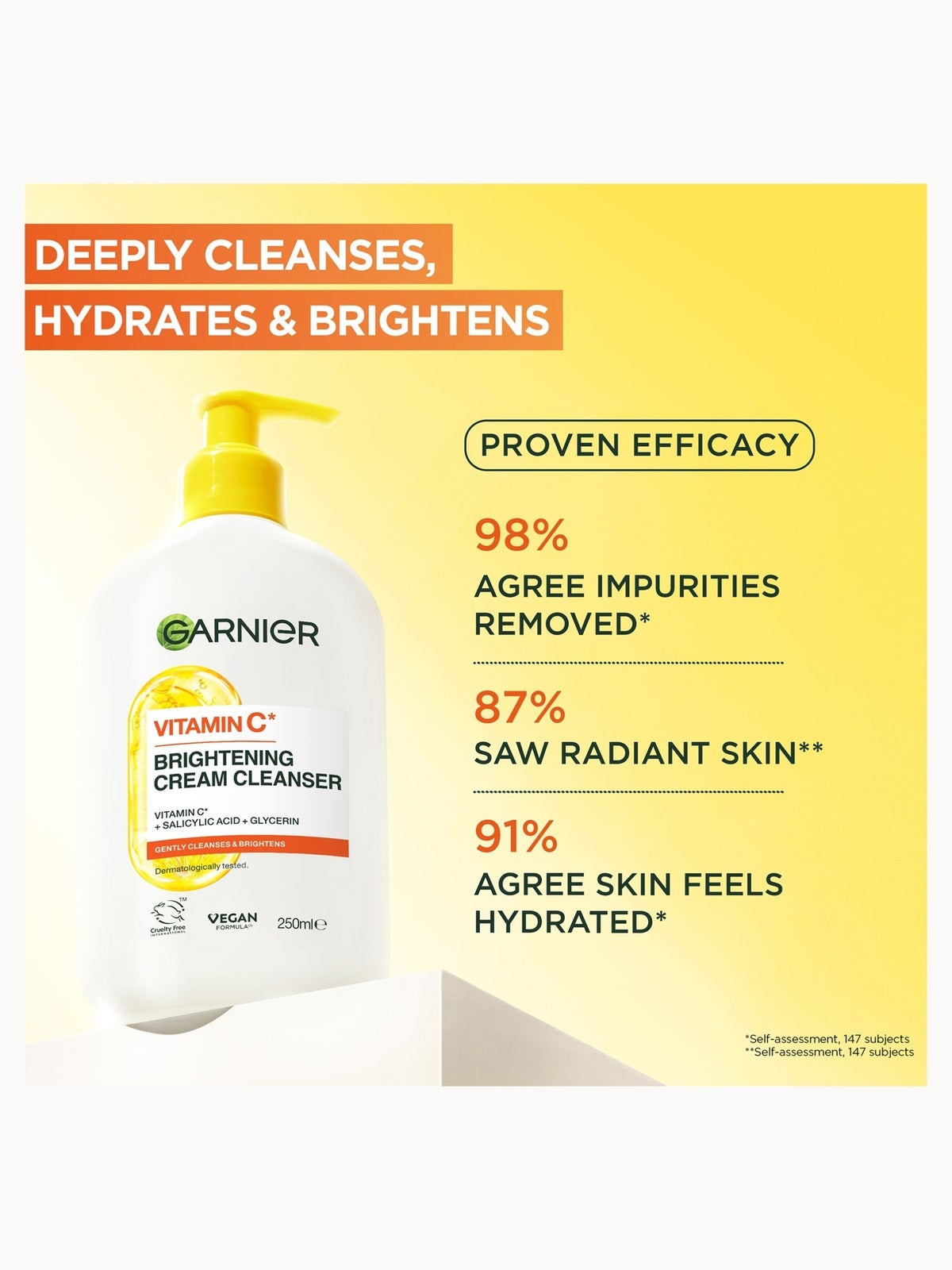 Garnier Vitamin C Brightening Cream Cleanser, Hydrates, Brightens & Cleanses, 250ml 2