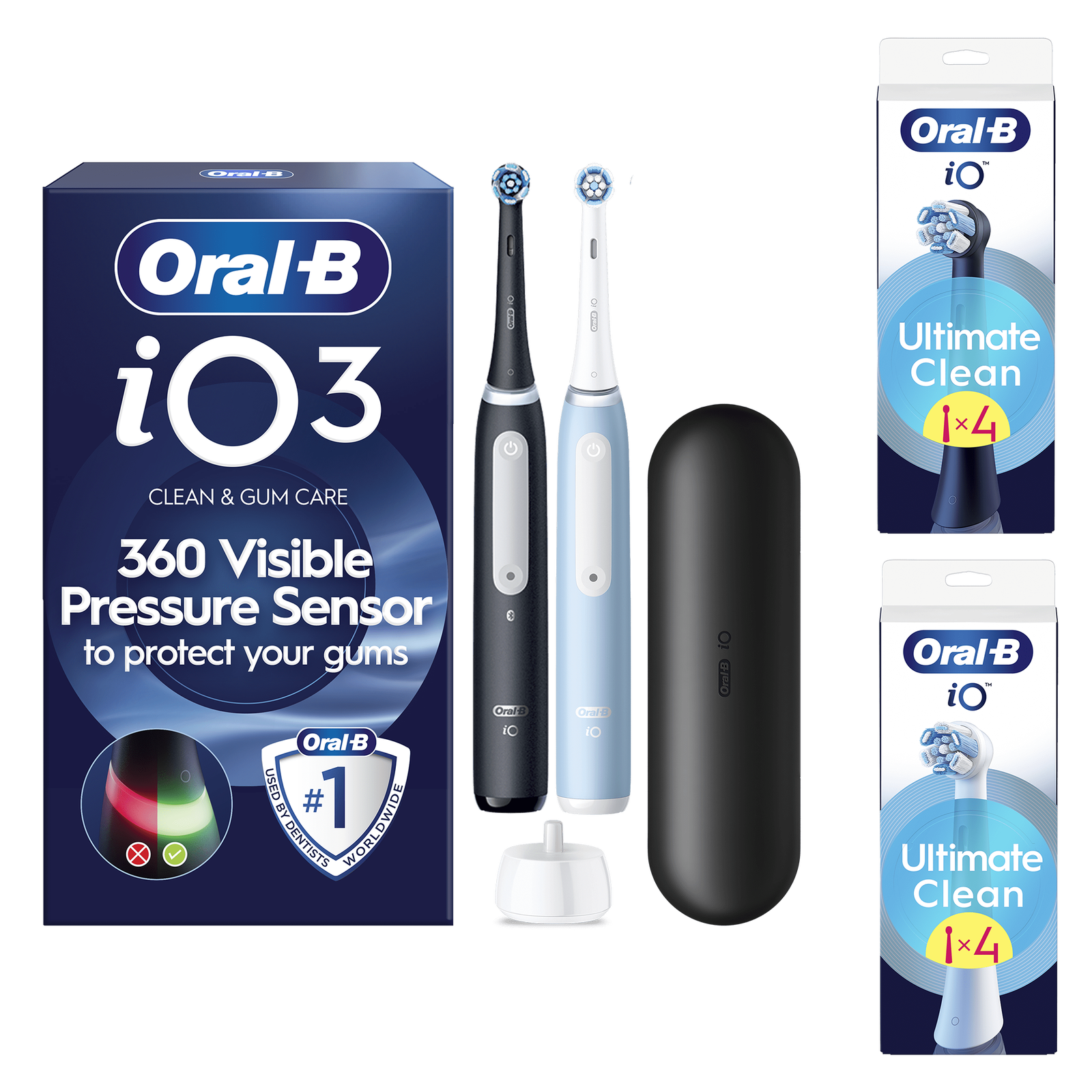 Oral-B iO 3 Black & Blue Electric Toothbrushes - Toothbrush +8 Toothbrush Heads: retailer-supplied image