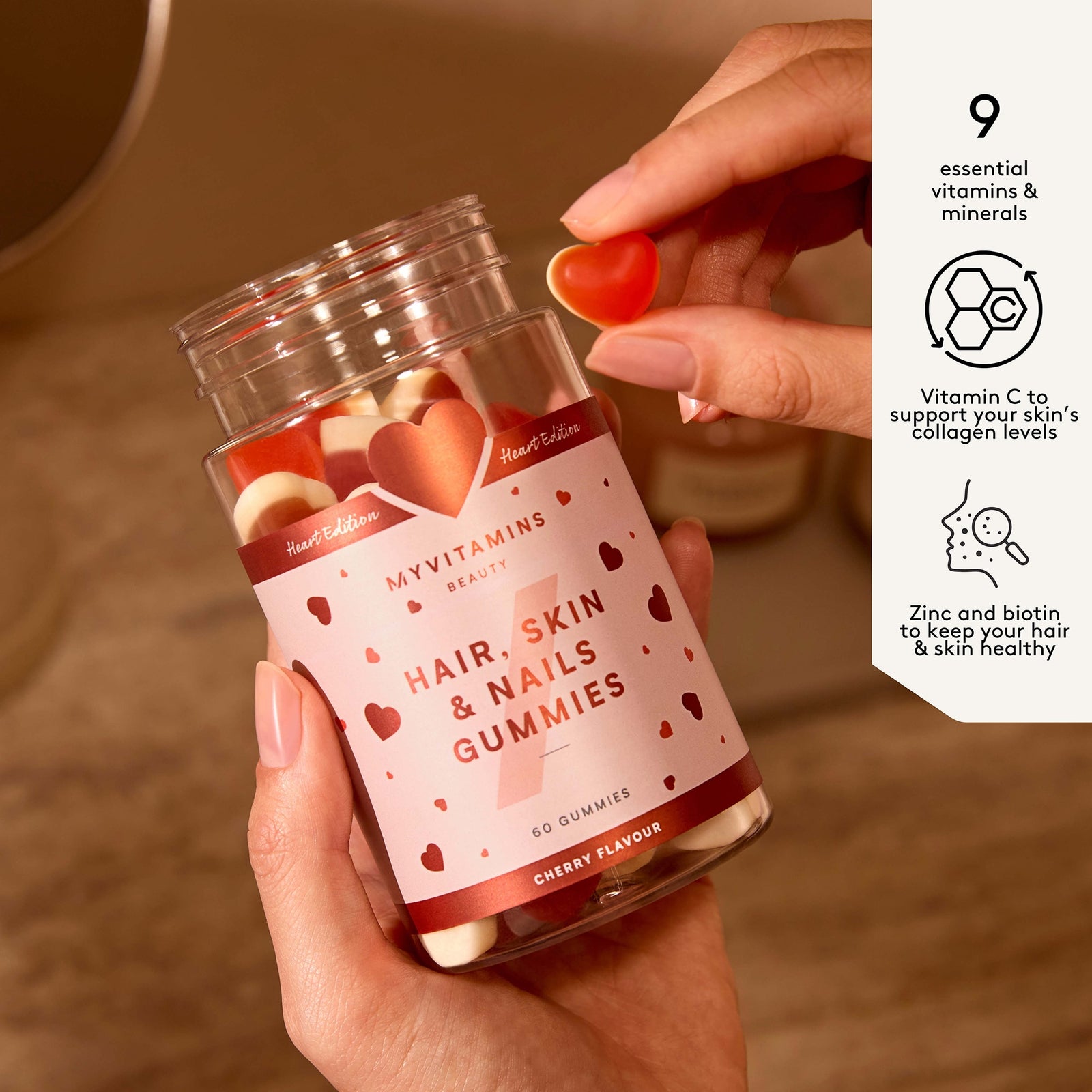 Myprotein Hair, Skin &amp; Nails Gummies - Double-Layered Heart Edition - 60gummies - Cherry