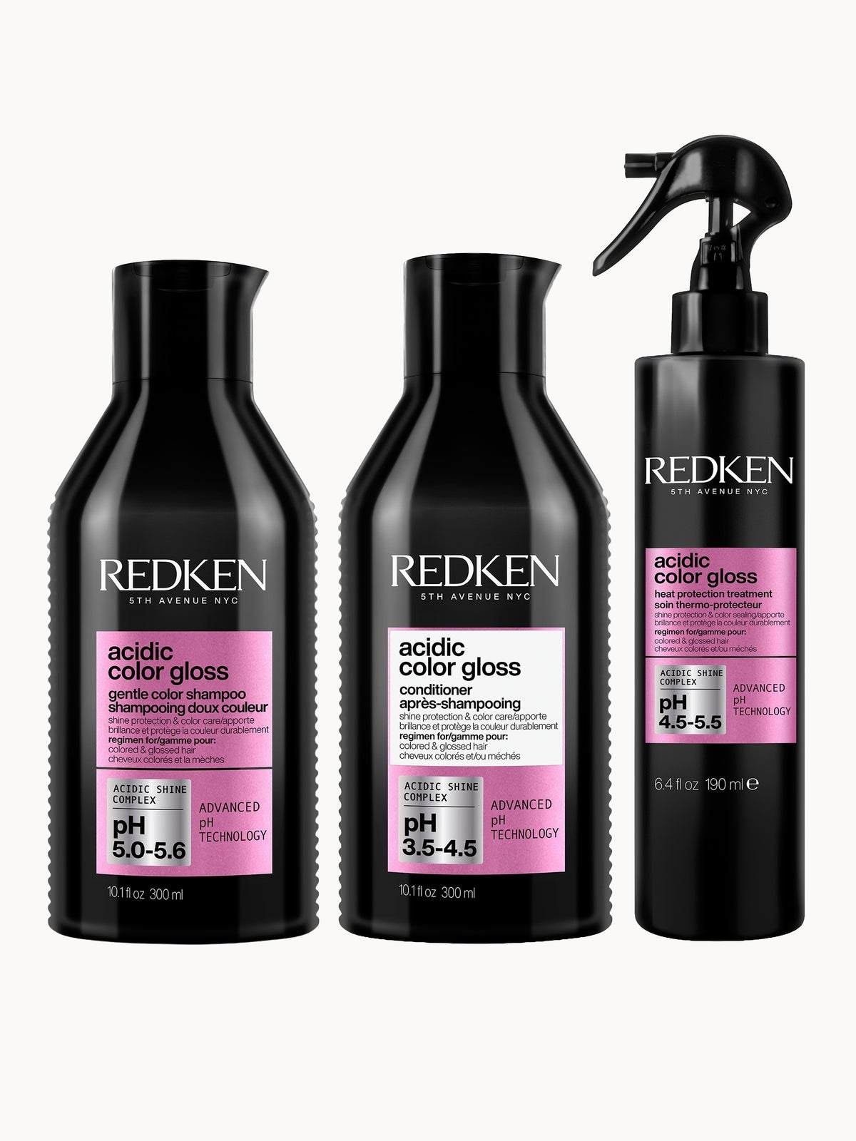 Redken Acidic Color Gloss Shampoo, Conditioner 300ml and Heat Protection Treatment 190ml Bundle